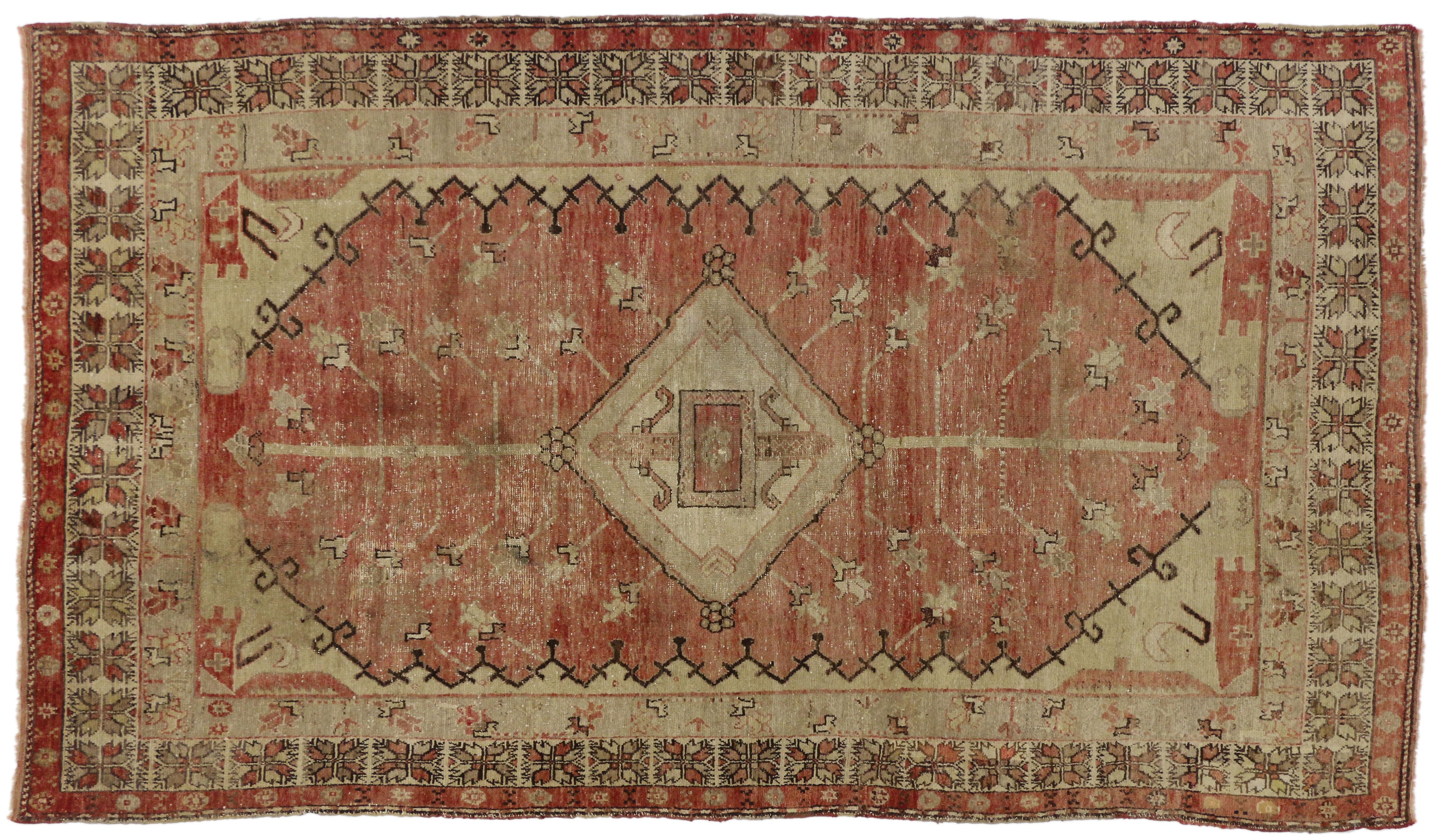20th Century Distressed Vintage Turkish Oushak Rug with Rustic Adirondack Lodge Style For Sale