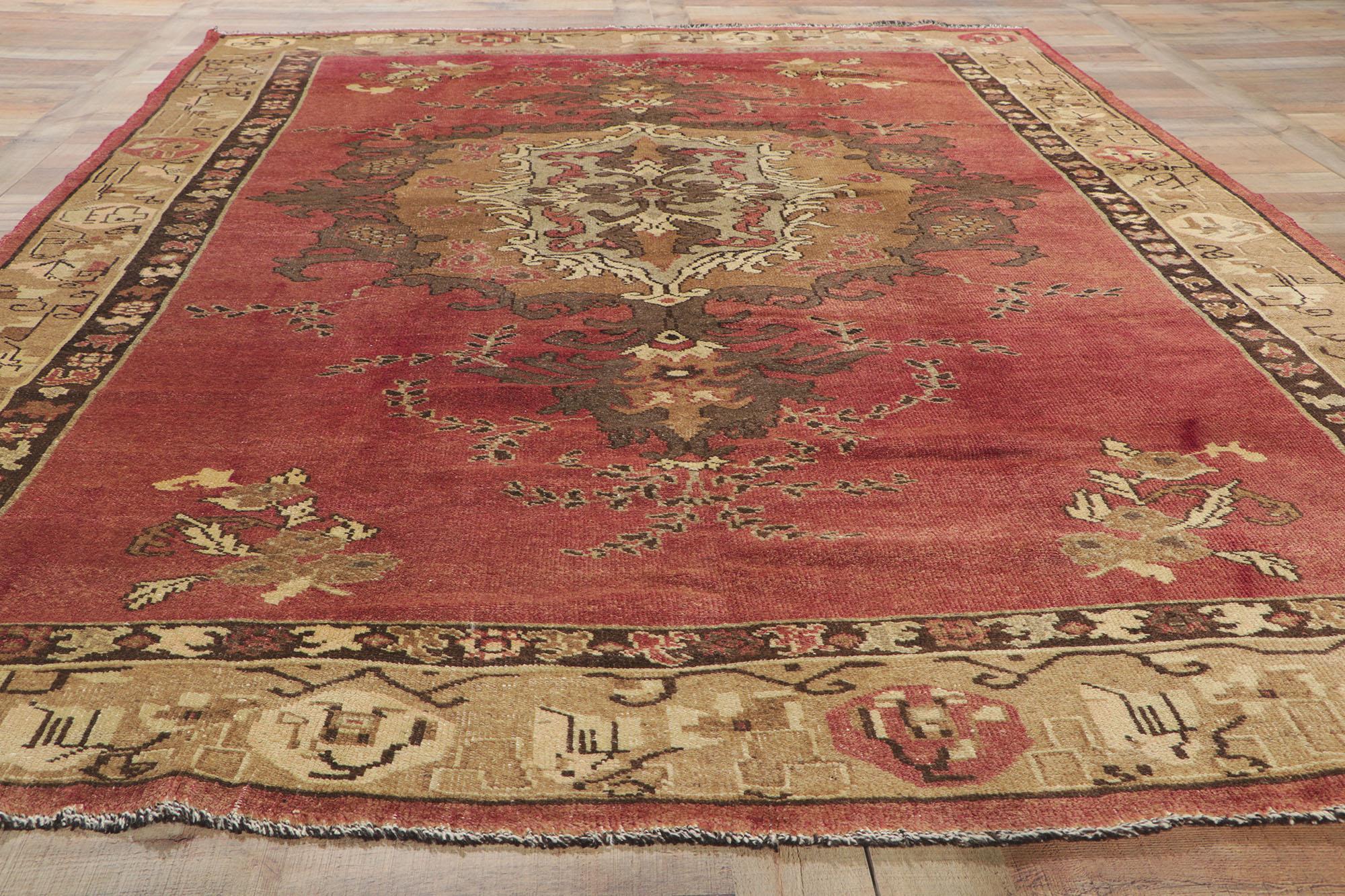 Distressed Vintage Turkish Oushak Rug with Rustic Artisan Style For Sale 4