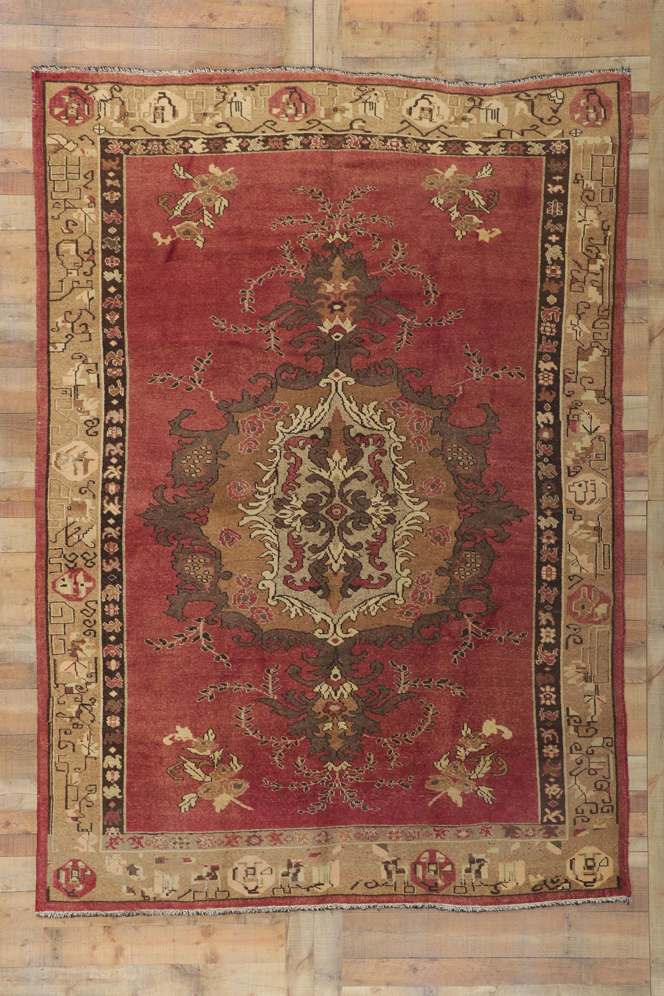 Distressed Vintage Turkish Oushak Rug with Rustic Artisan Style For Sale 5