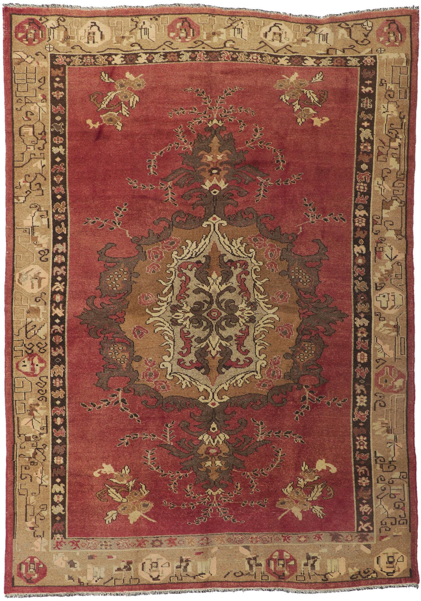 Distressed Vintage Turkish Oushak Rug with Rustic Artisan Style For Sale 6