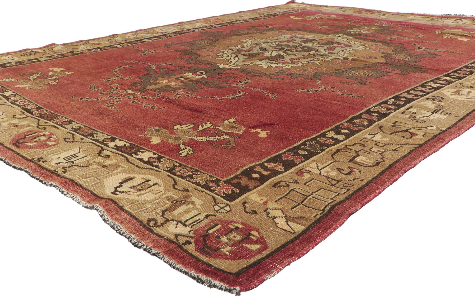 50500 Distressed Vintage Turkish Oushak rug with Rustic Artisan style. This hand knotted wool vintage Turkish Oushak rug features a large-scale medallion anchored with palmette pendants floating in an abrashed and weathered brick red field. The
