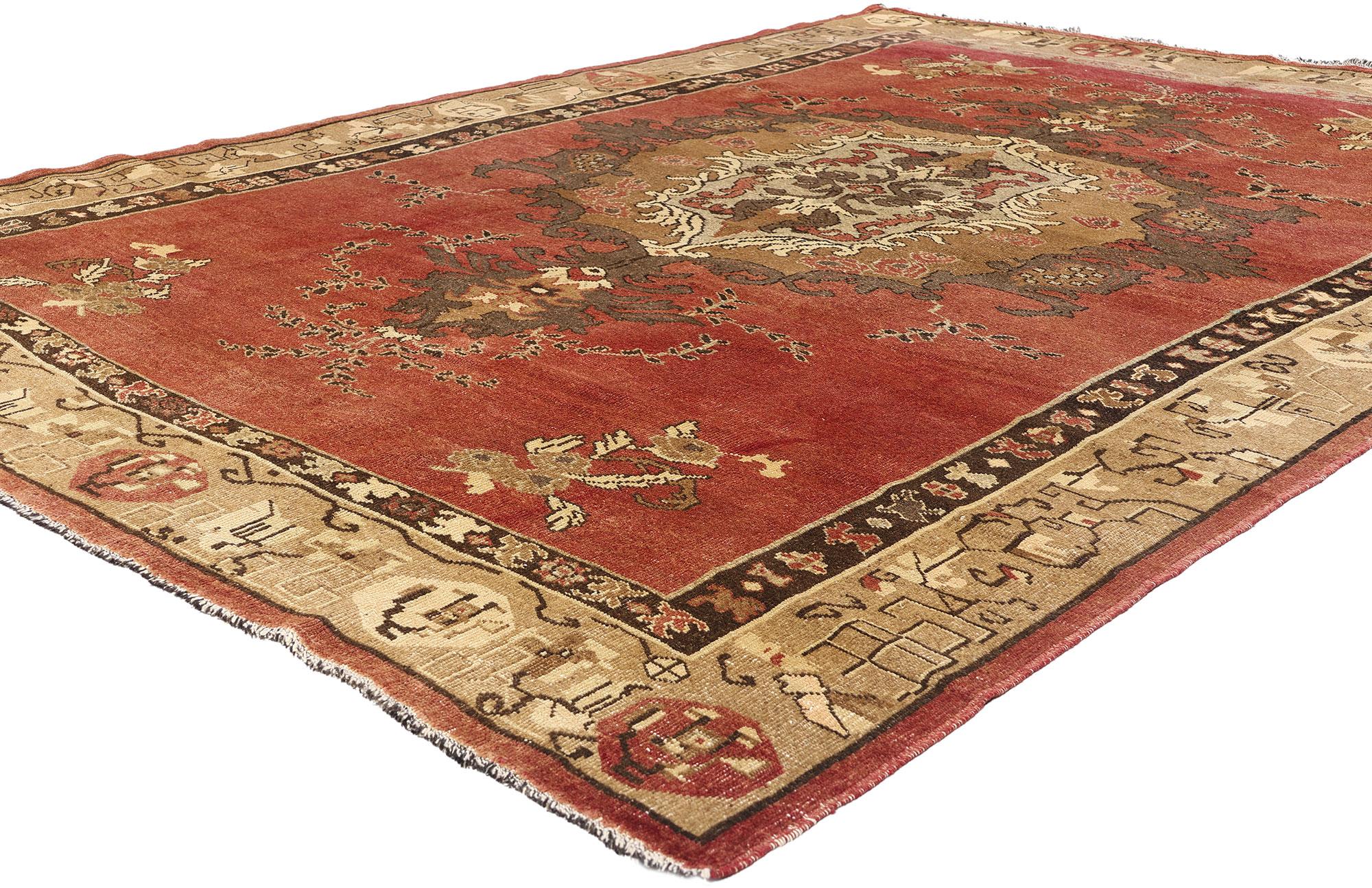 50500 Vintage Red Turkish Oushak Rug, 07'02 x 10'00. Drenched in a palette of autumn’s last embers and steeped in the grandeur of Ottoman elegance, this hand-knotted wool vintage Turkish Oushak rug unfurls like an operatic overture woven in thread.