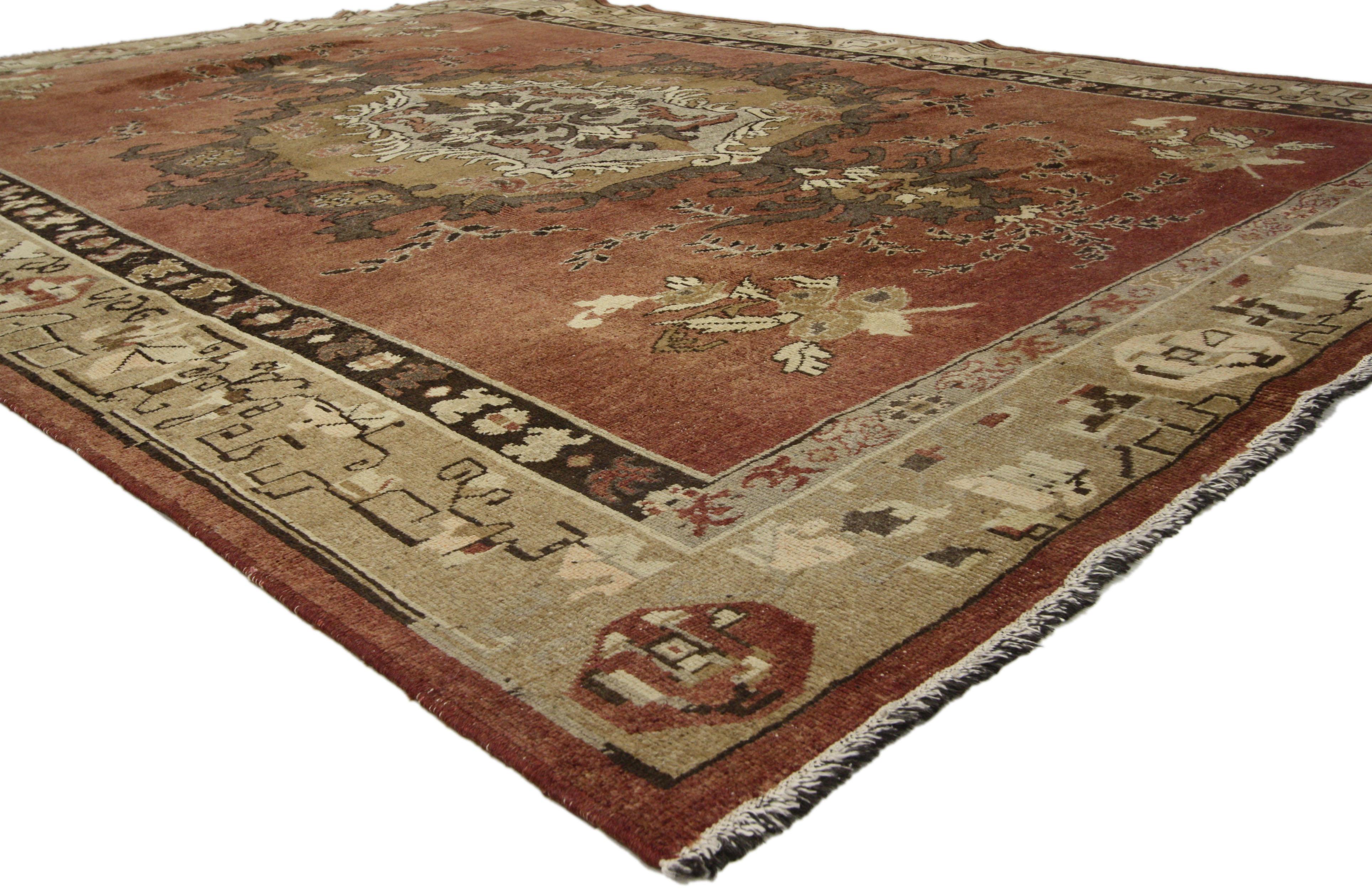 Hand-Knotted Distressed Vintage Turkish Oushak Rug with Rustic Artisan Style For Sale
