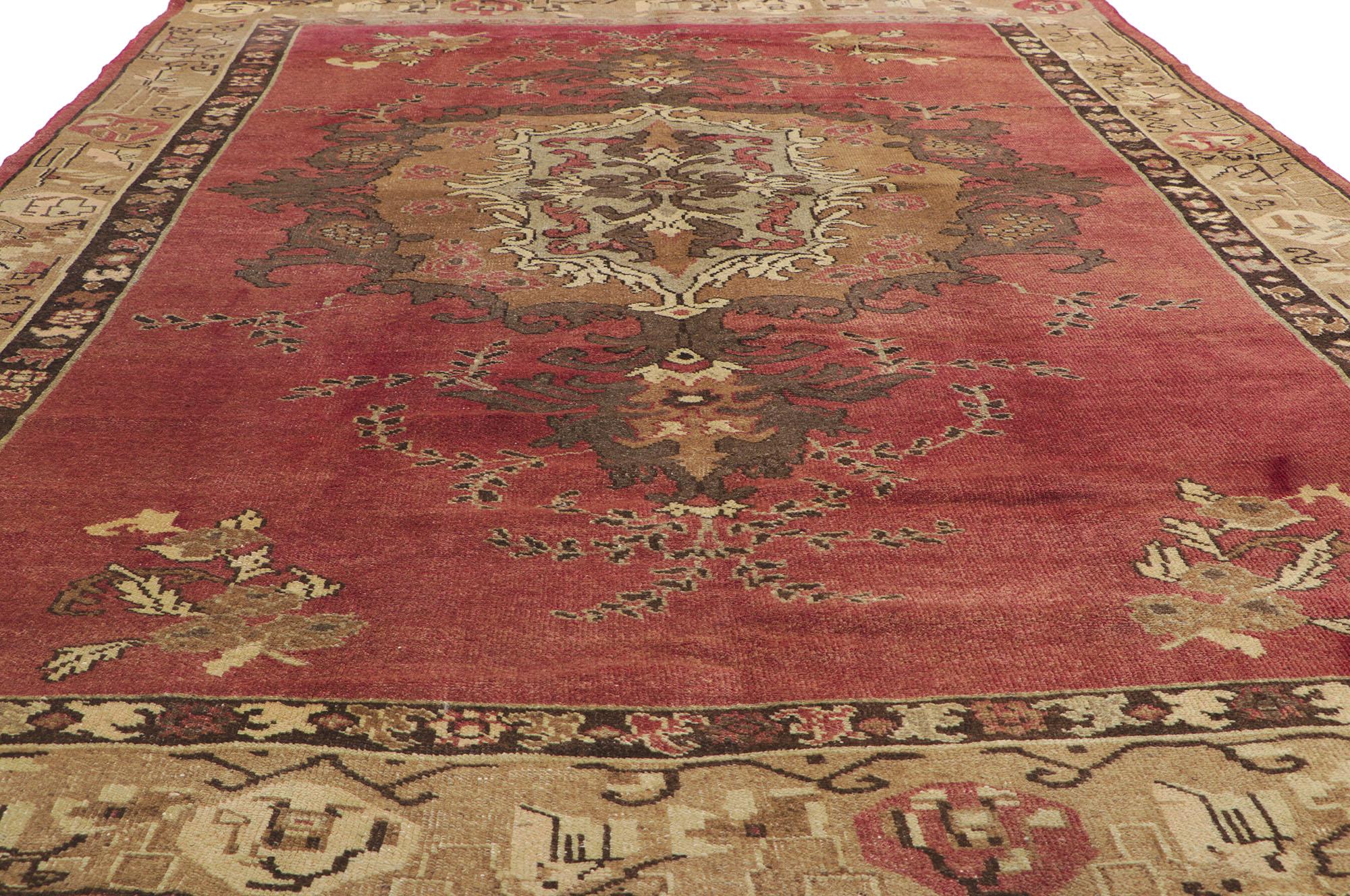 Wool Distressed Vintage Turkish Oushak Rug with Rustic Artisan Style For Sale