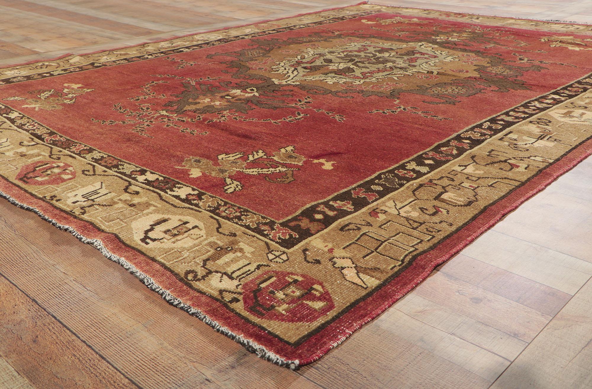 Distressed Vintage Turkish Oushak Rug with Rustic Artisan Style For Sale 3