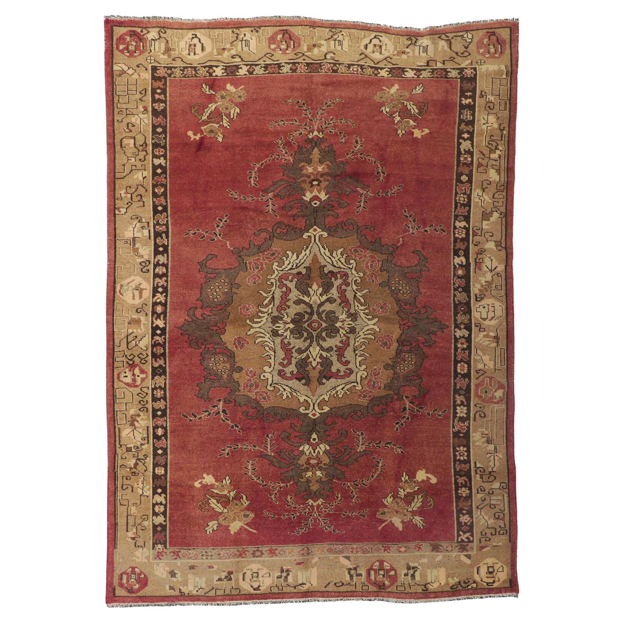 Distressed Vintage Turkish Oushak Rug with Rustic Artisan Style For Sale