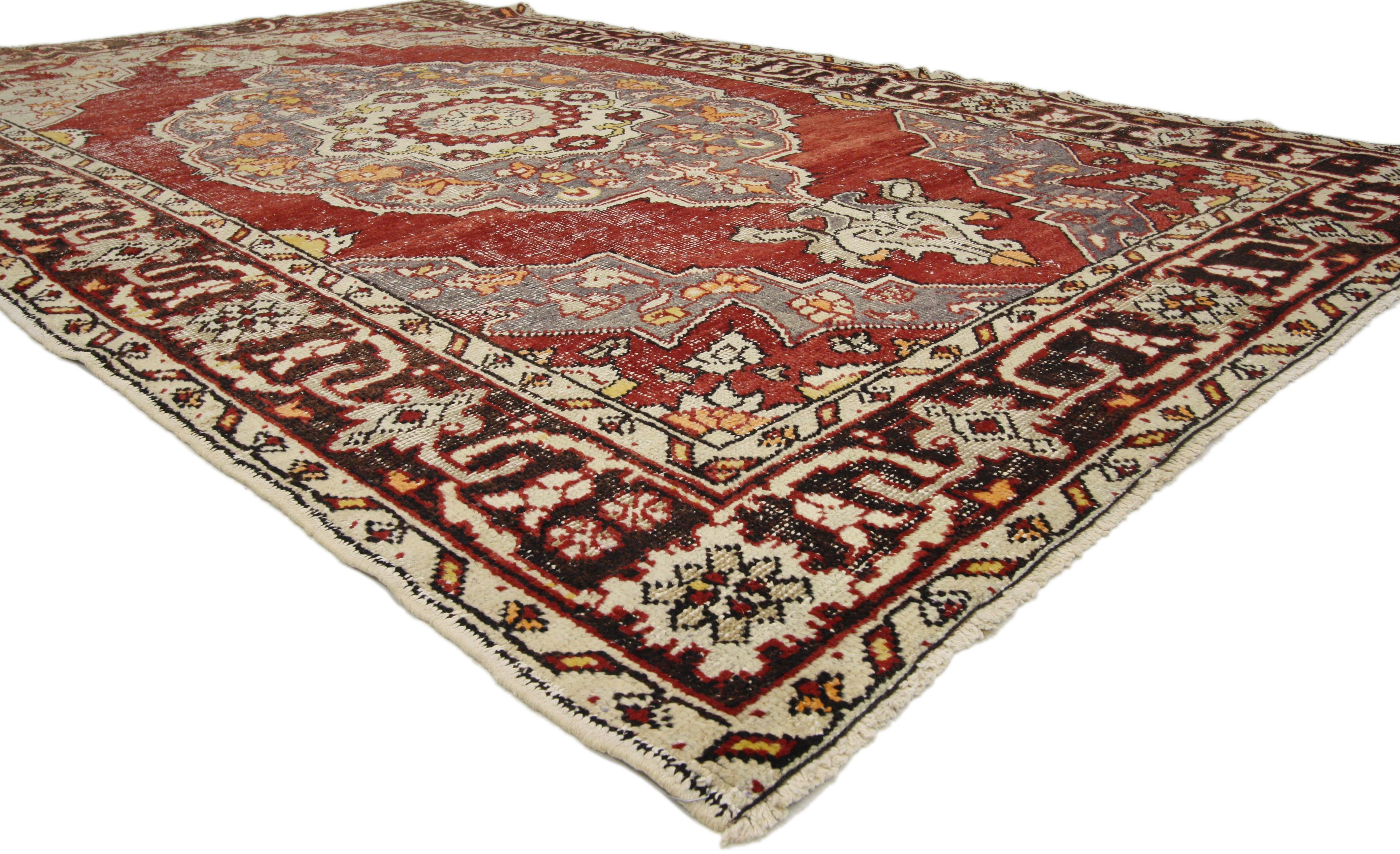 Hand-Knotted Distressed Vintage Turkish Oushak Rug with Rustic Arts & Crafts Style For Sale