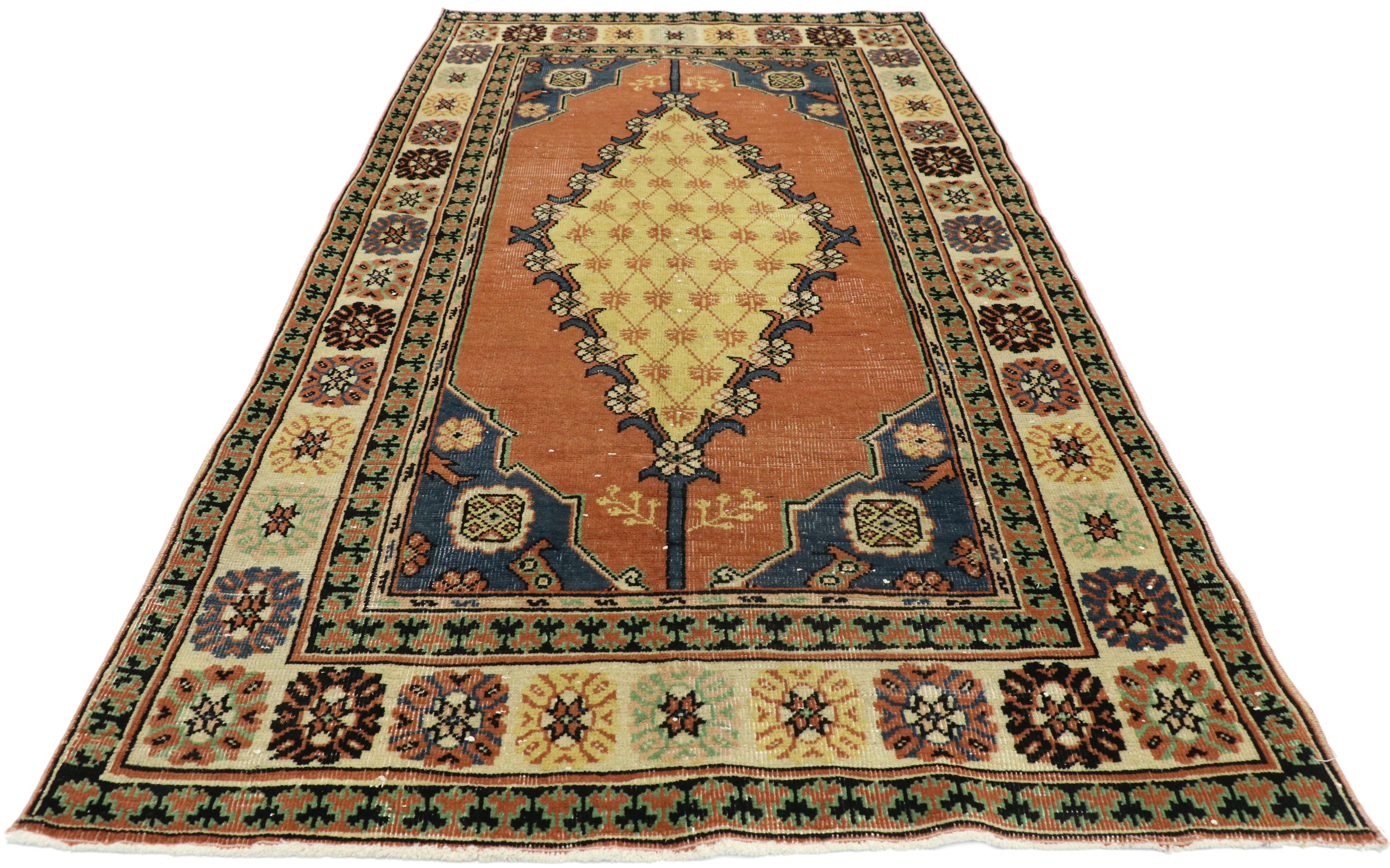 Hand-Knotted Distressed Vintage Turkish Oushak Rug with Rustic Arts & Crafts Style For Sale