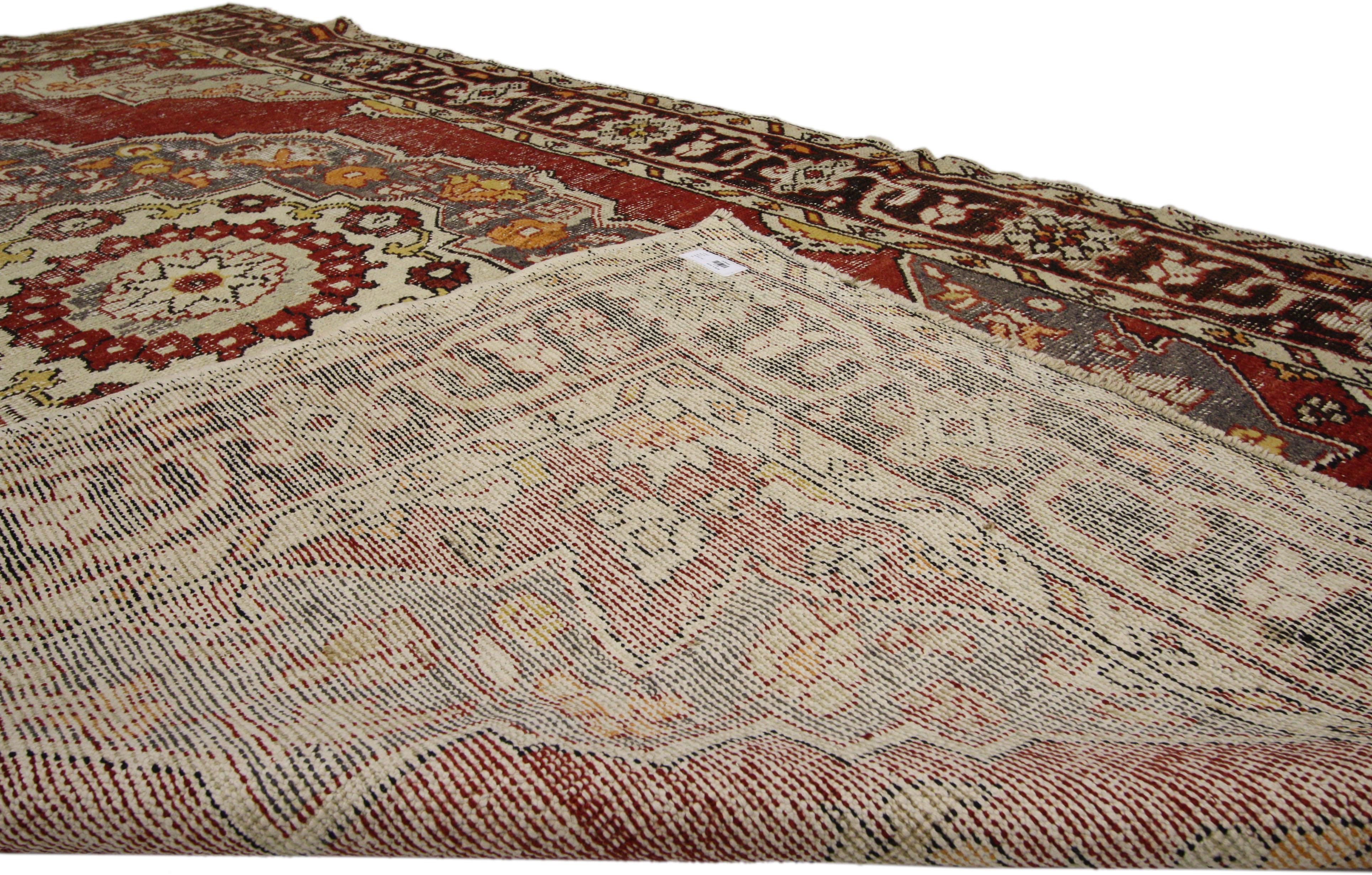 Distressed Vintage Turkish Oushak Rug with Rustic Arts & Crafts Style In Distressed Condition For Sale In Dallas, TX