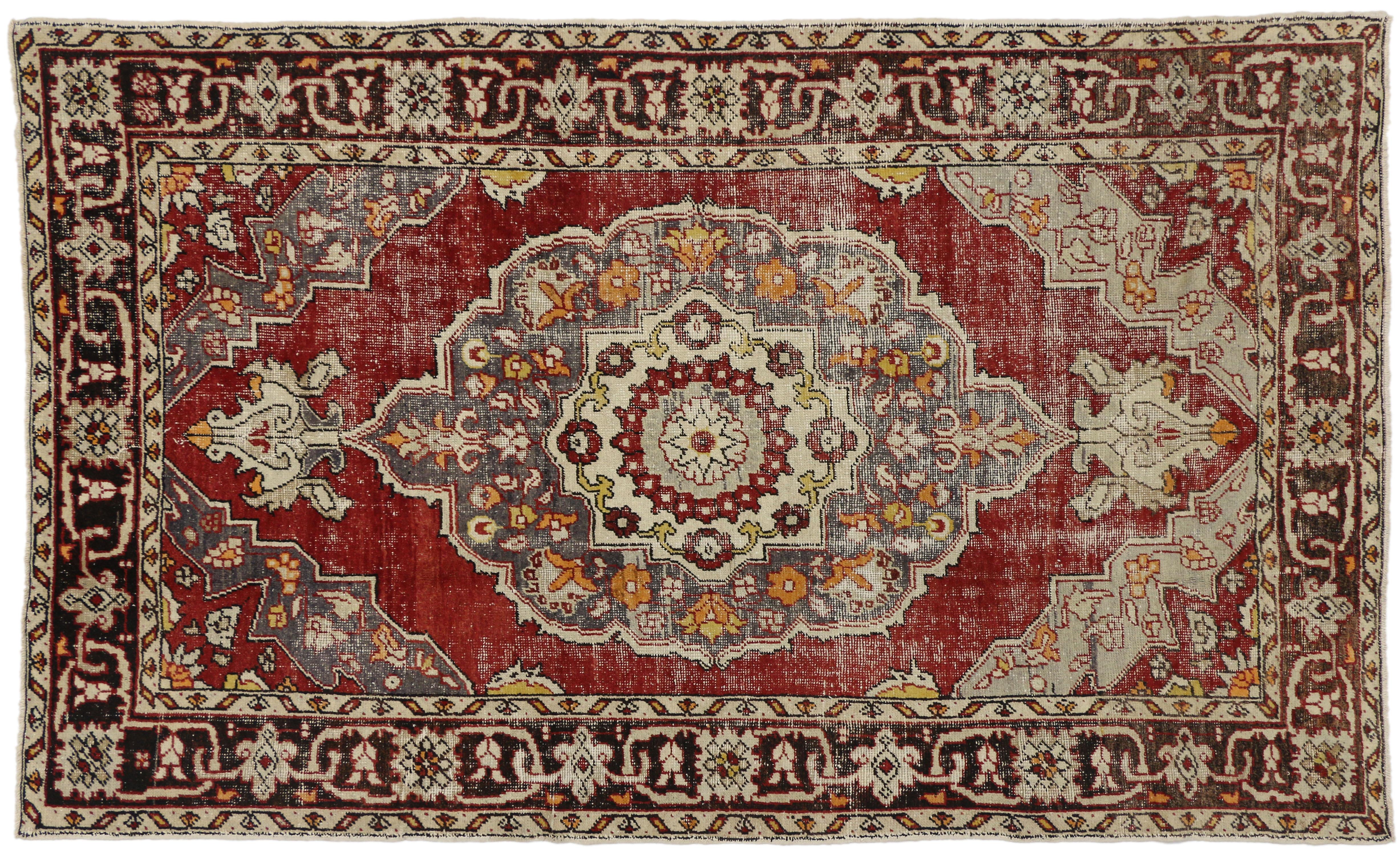 20th Century Distressed Vintage Turkish Oushak Rug with Rustic Arts & Crafts Style For Sale