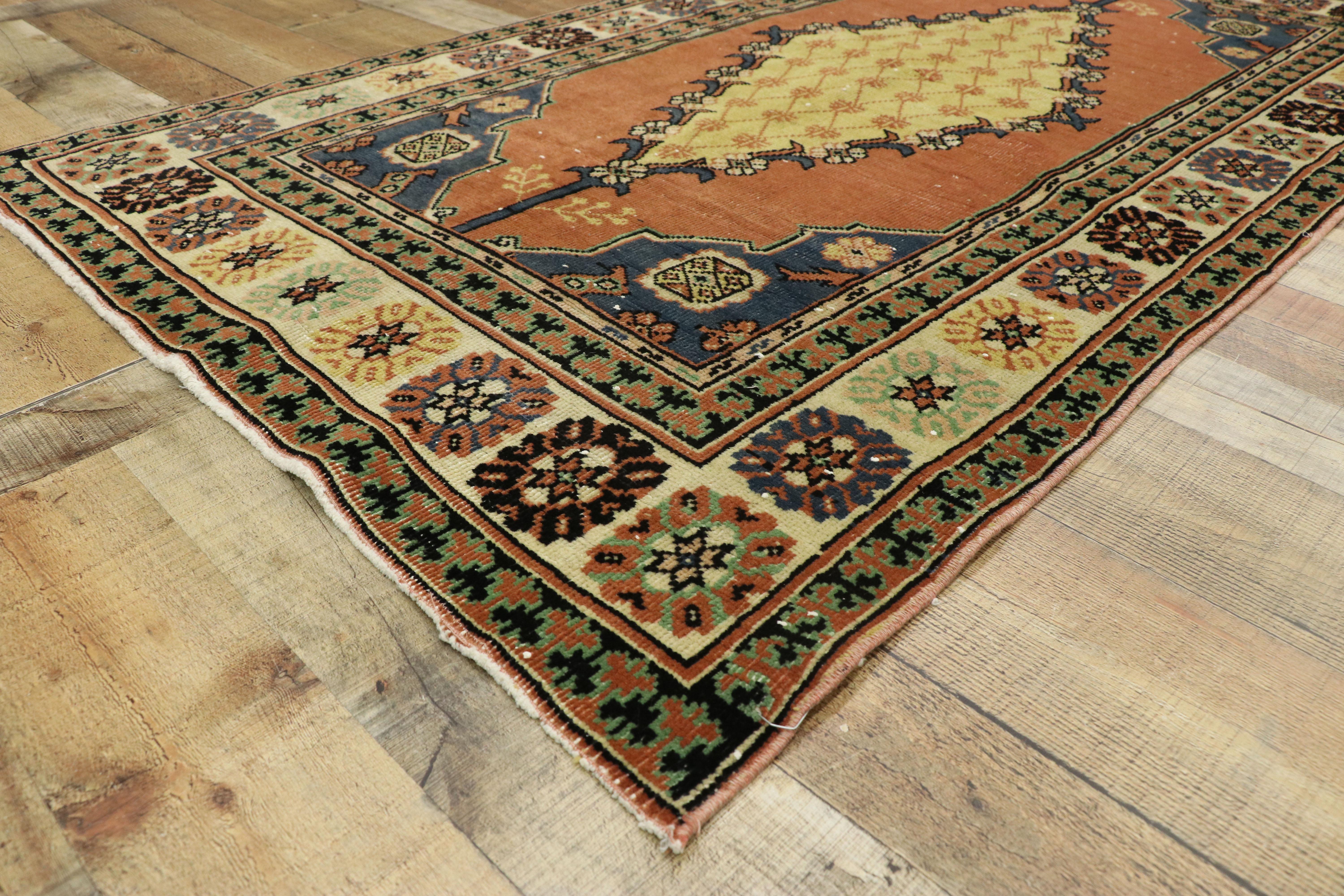 Wool Distressed Vintage Turkish Oushak Rug with Rustic Arts & Crafts Style For Sale