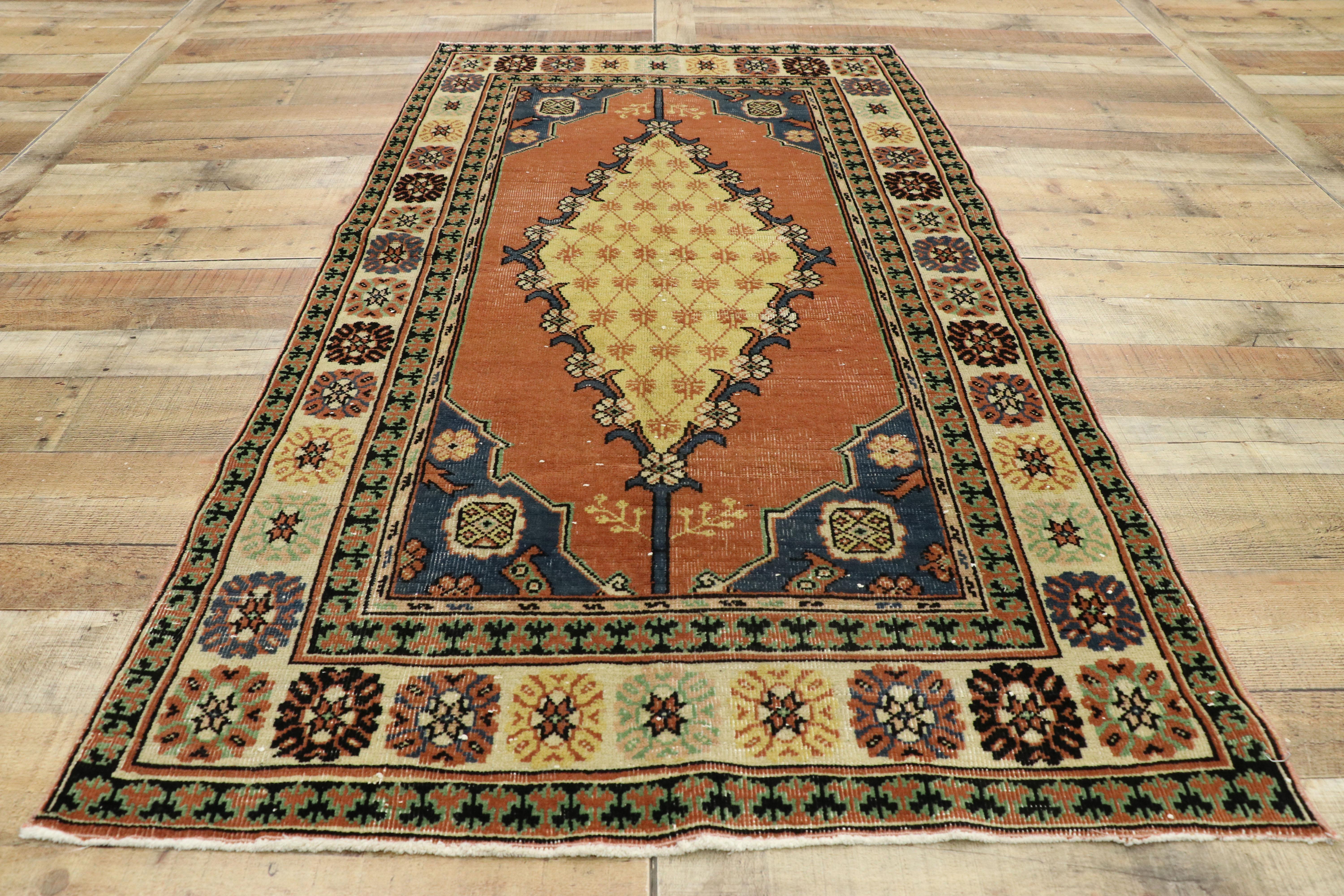 Distressed Vintage Turkish Oushak Rug with Rustic Arts & Crafts Style For Sale 1