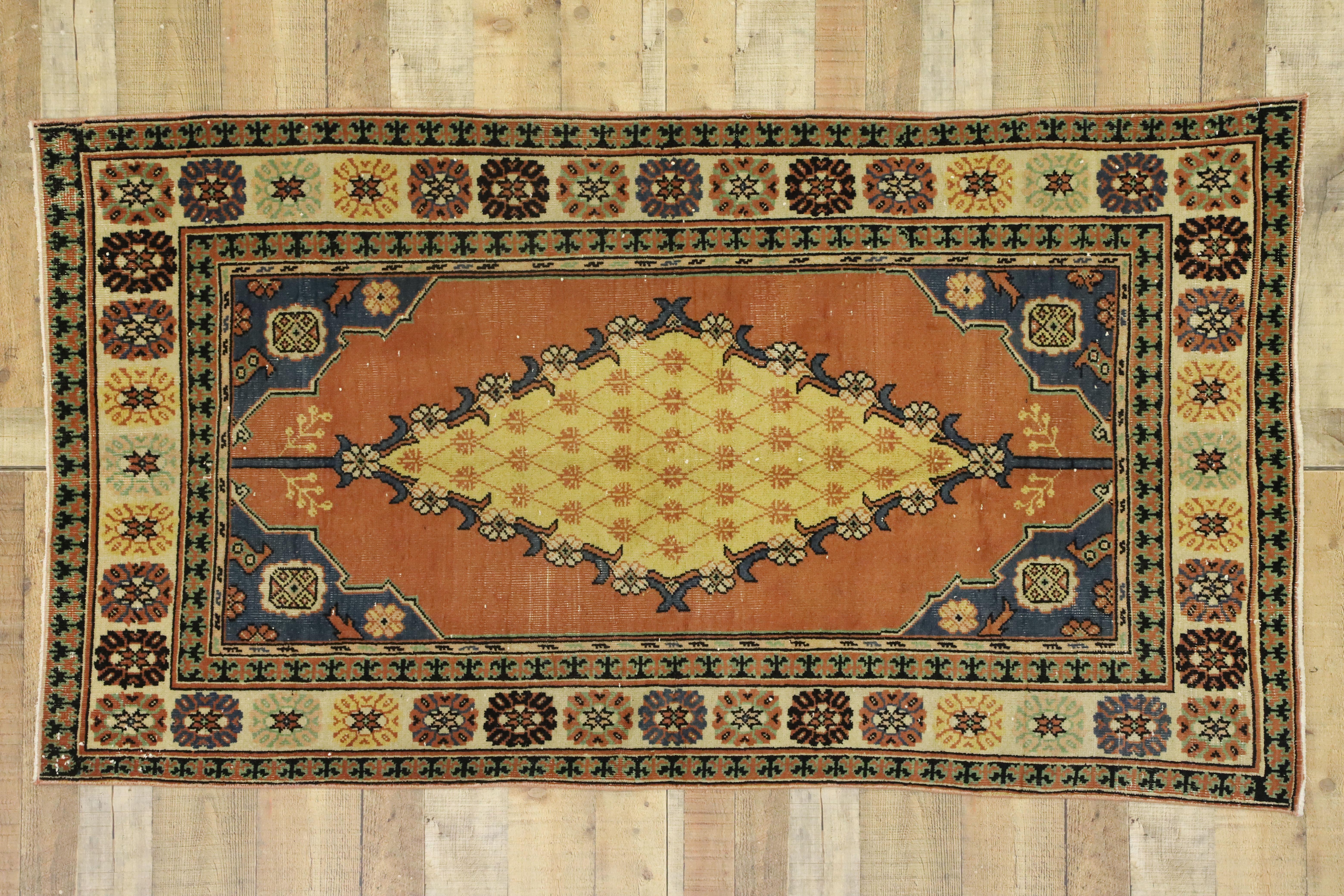 Distressed Vintage Turkish Oushak Rug with Rustic Arts & Crafts Style For Sale 2