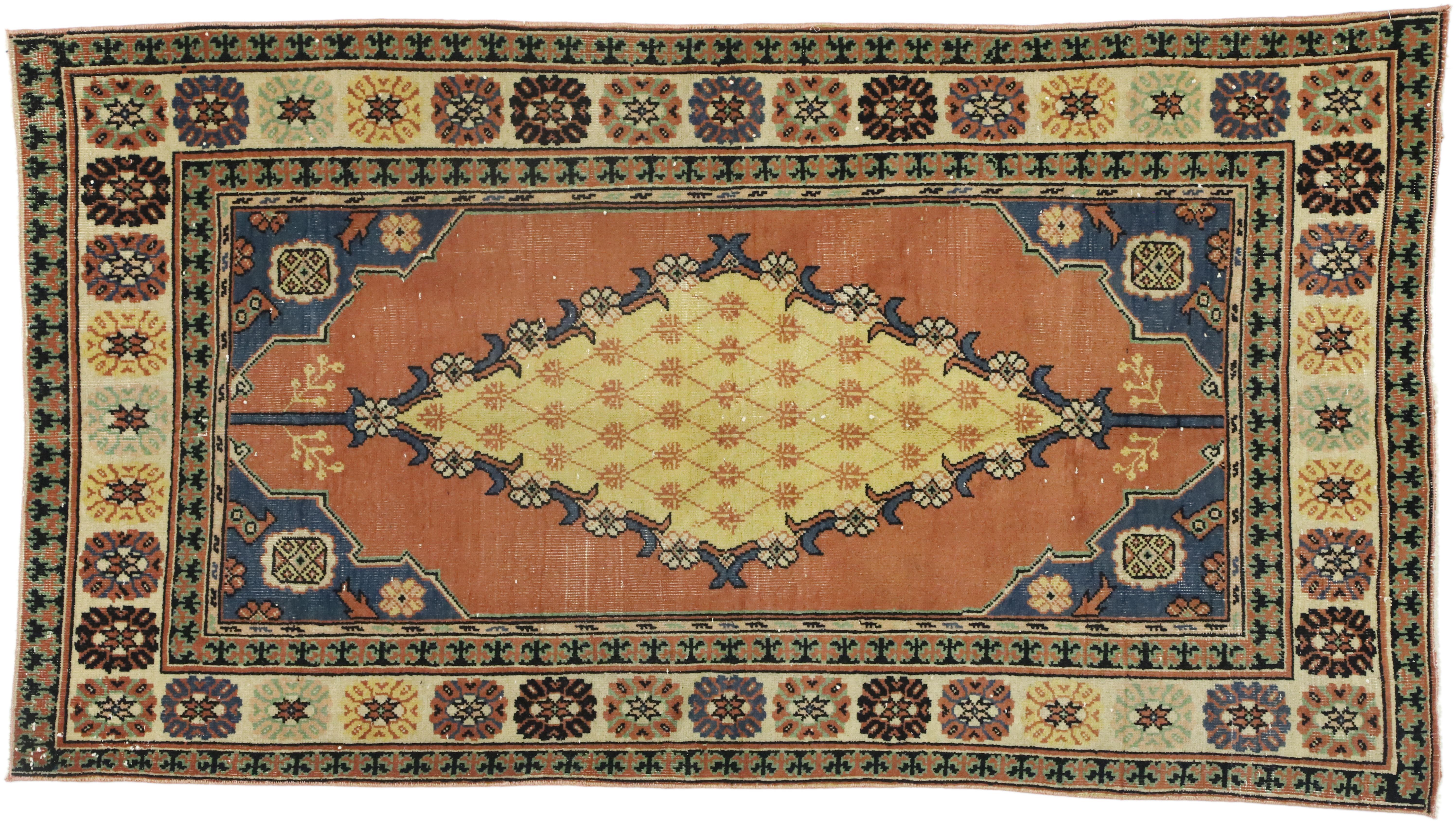 Distressed Vintage Turkish Oushak Rug with Rustic Arts & Crafts Style For Sale 3