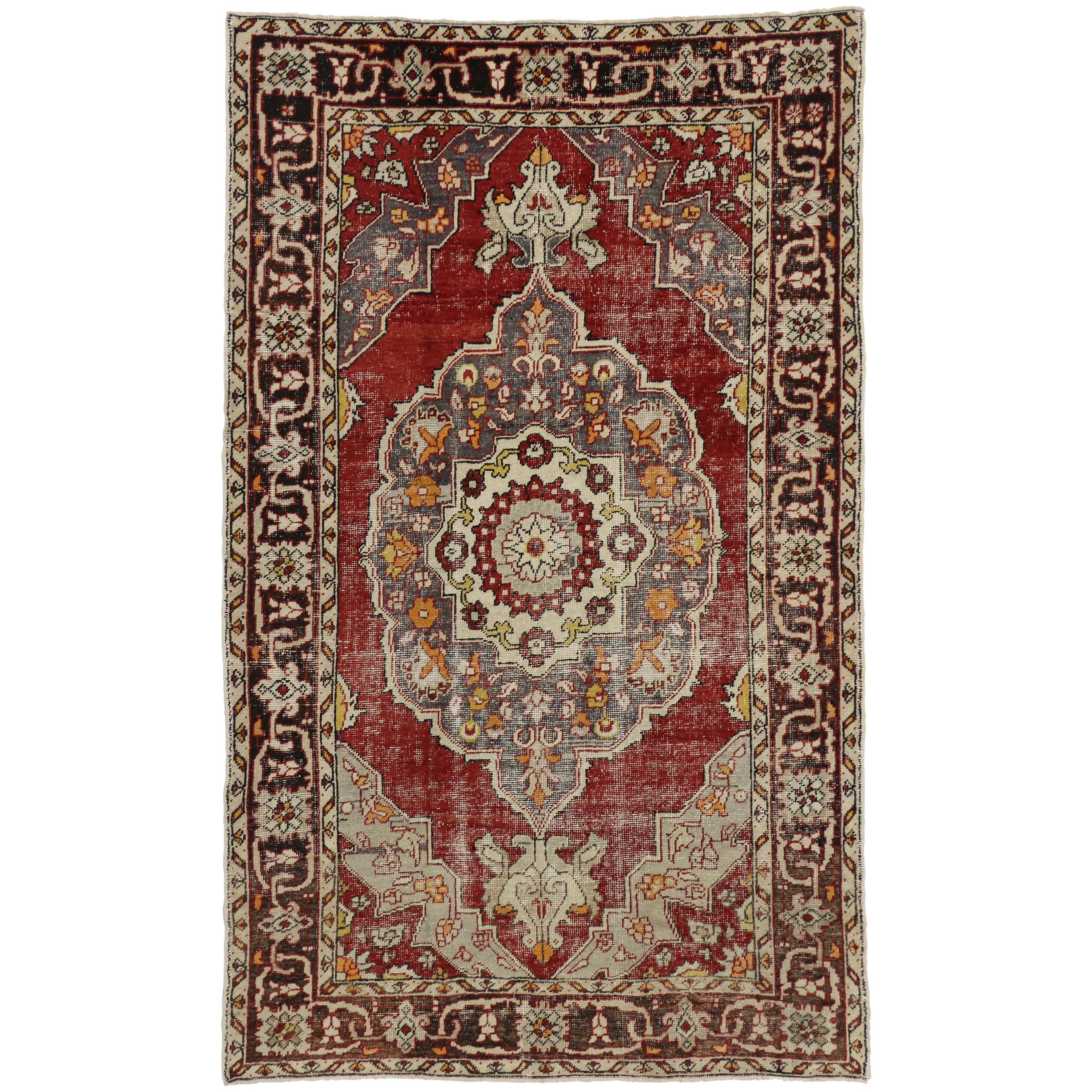 Distressed Vintage Turkish Oushak Rug with Rustic Arts & Crafts Style For Sale