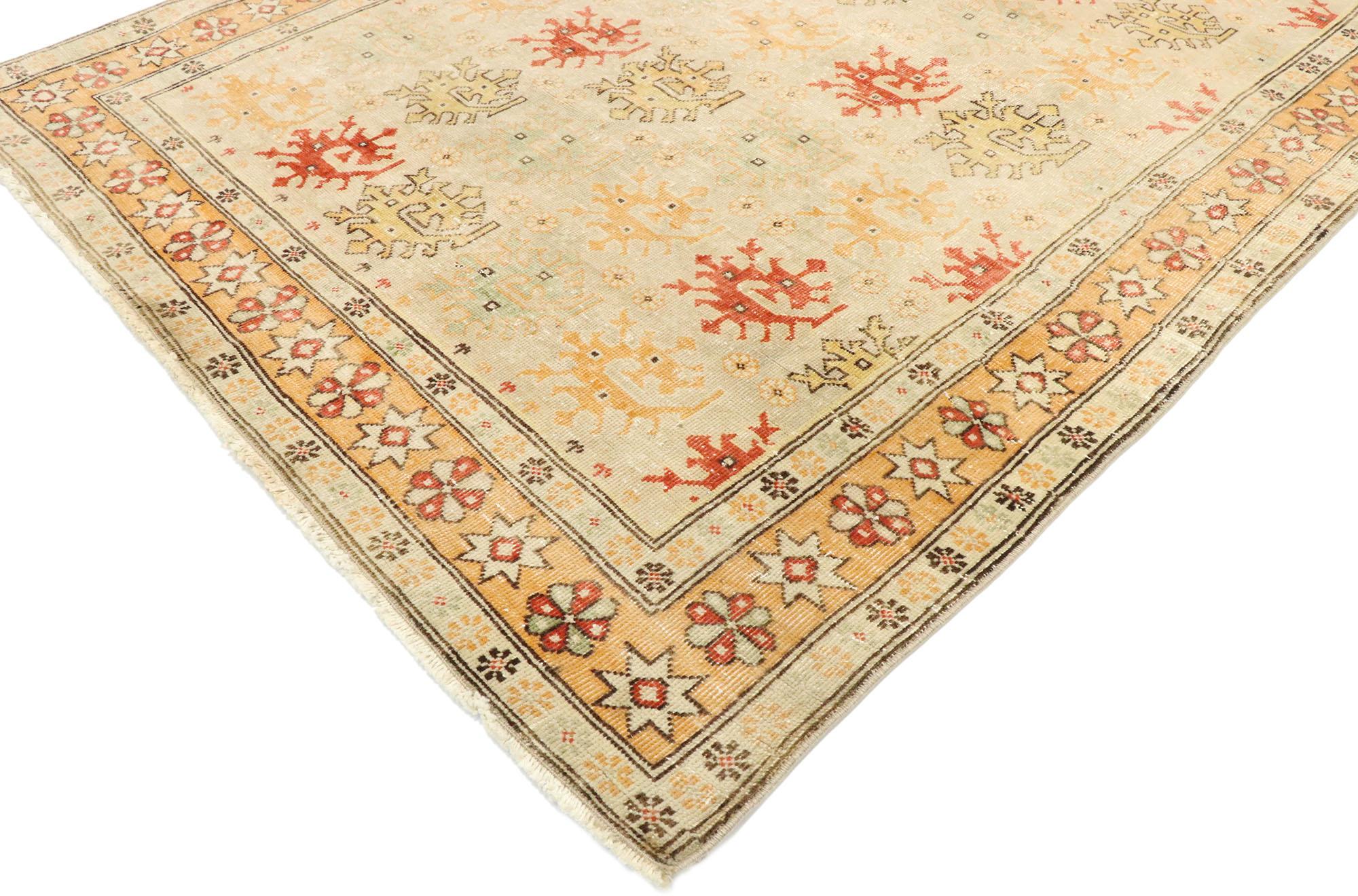 Hand-Knotted Distressed Vintage Turkish Oushak Rug with Rustic Arts & Crafts Style