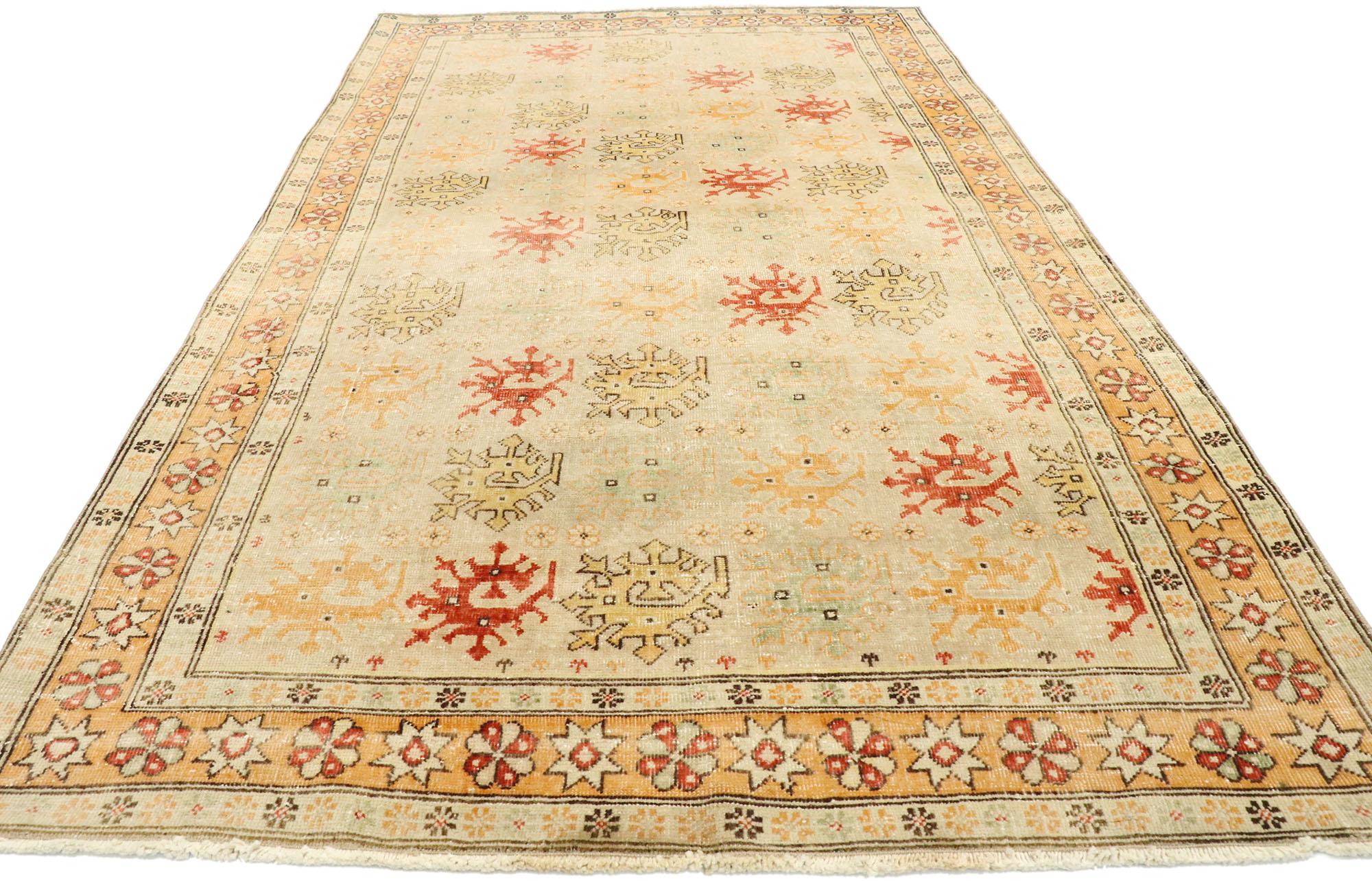 Distressed Vintage Turkish Oushak Rug with Rustic Arts & Crafts Style In Distressed Condition In Dallas, TX