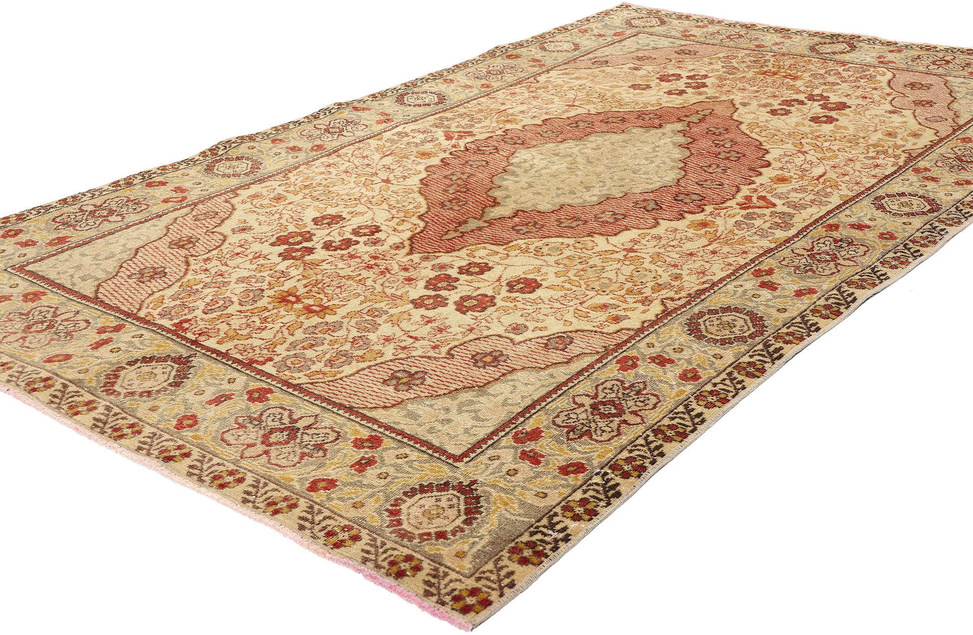 52072 Vintage Turkish Oushak Rug, 04'03 x 07'00. Turkish Oushak rugs, originating from the storied rug-making heart of Oushak in western Turkey, that are slightly distressed feature intentionally or naturally worn areas, giving them a distinctive