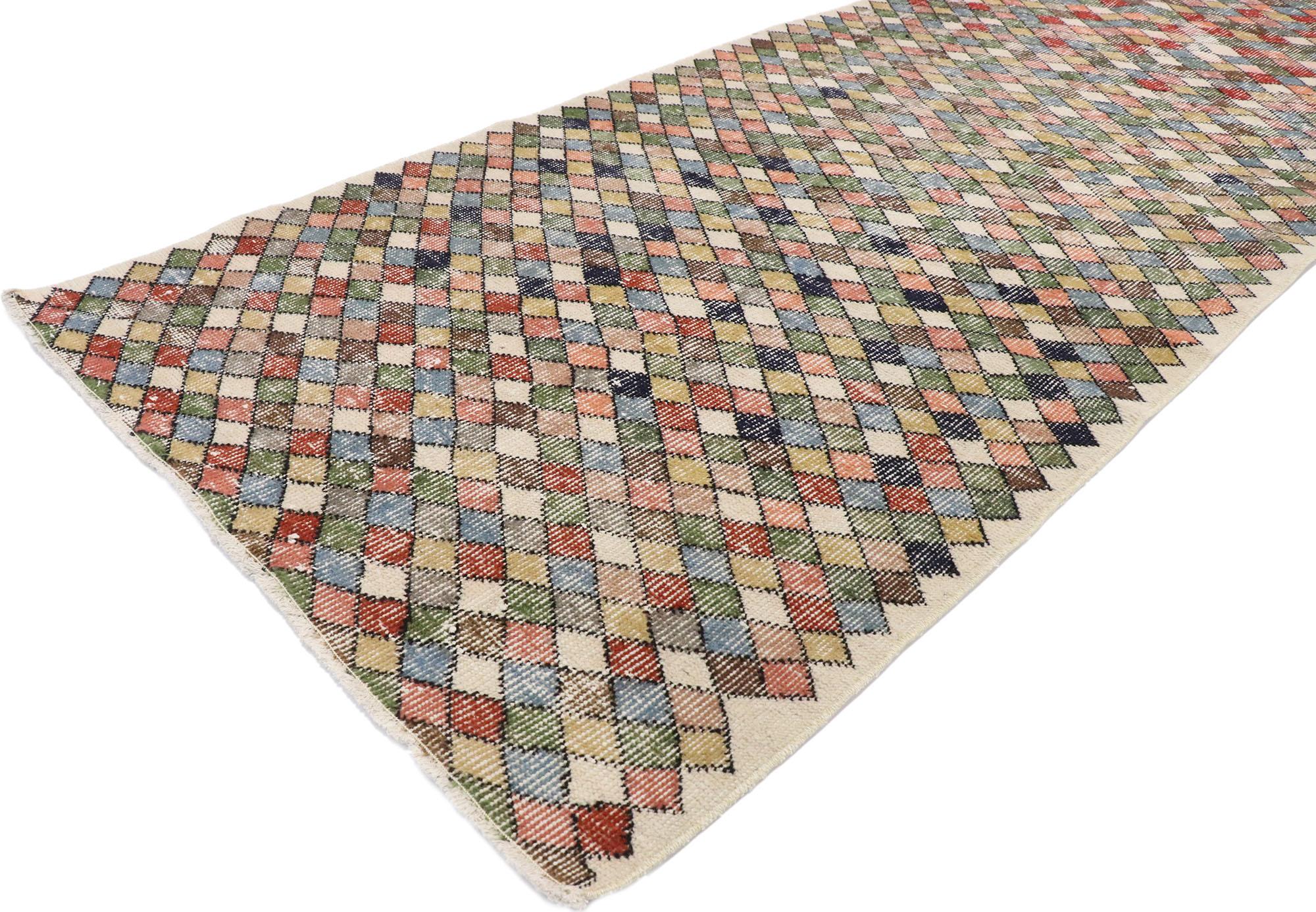 Hand-Knotted Distressed Vintage Turkish Sivas Rug with Rustic Cubist Style For Sale