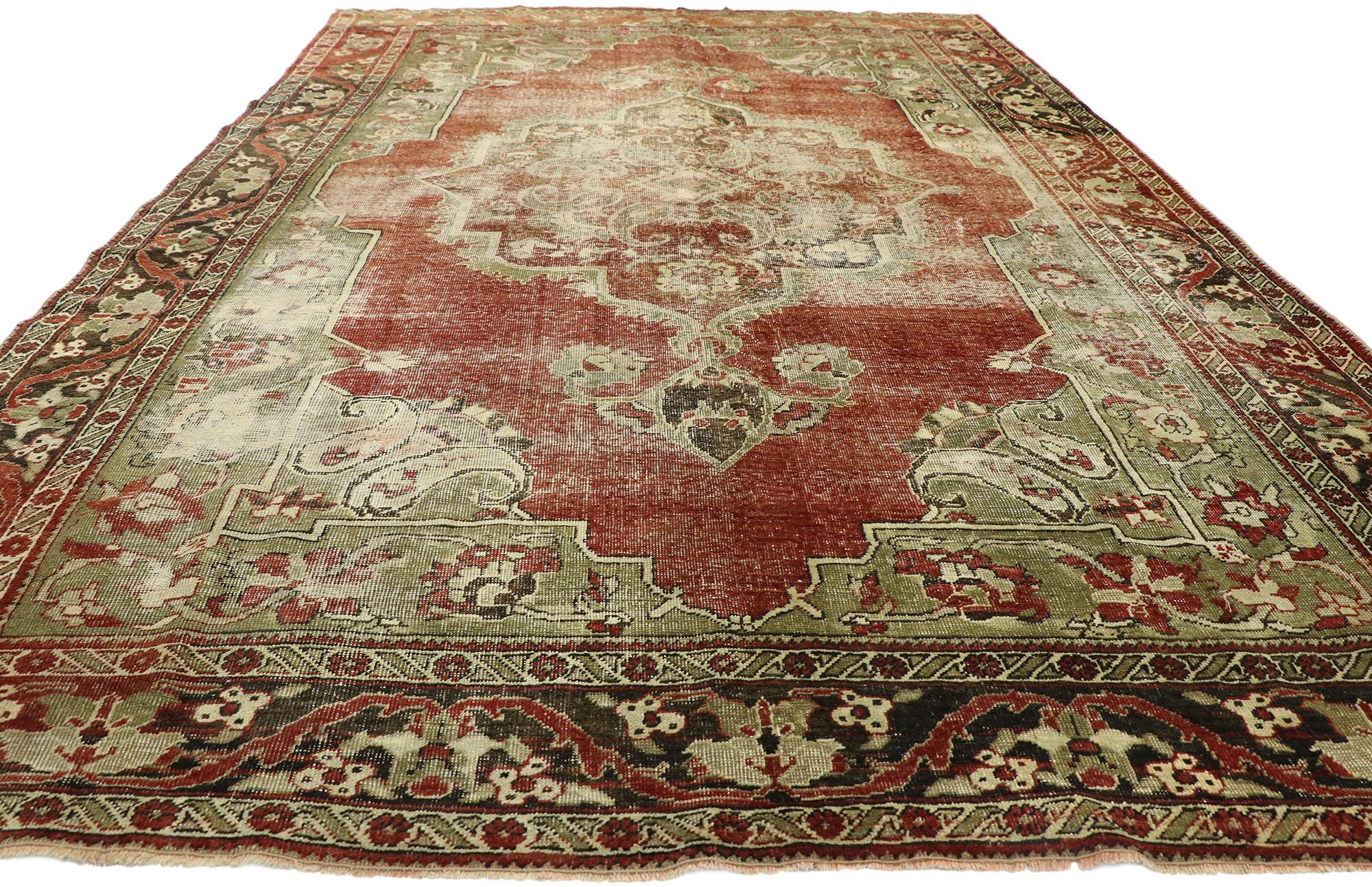Hand-Knotted Distressed Vintage Turkish Oushak Rug with Rustic English Manor Style For Sale