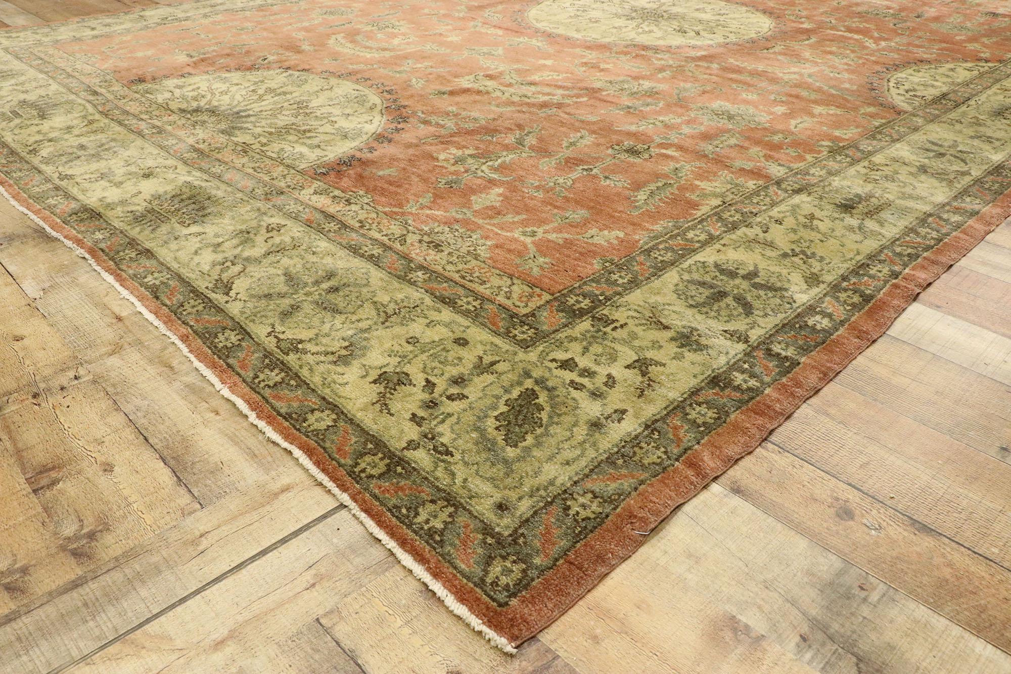 Wool Distressed Vintage Turkish Oushak Rug with Rustic English Manor Style For Sale