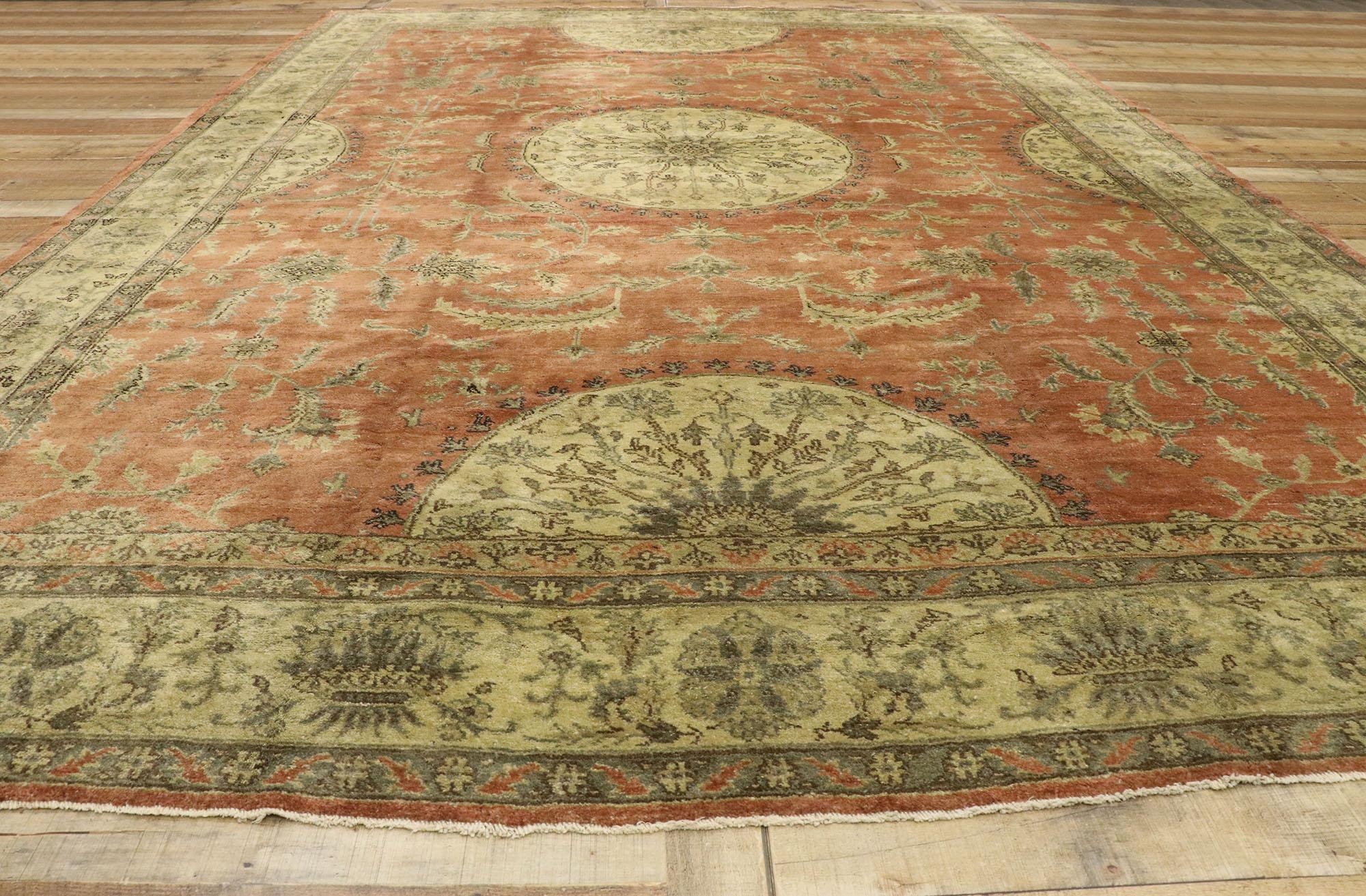 Distressed Vintage Turkish Oushak Rug with Rustic English Manor Style For Sale 1