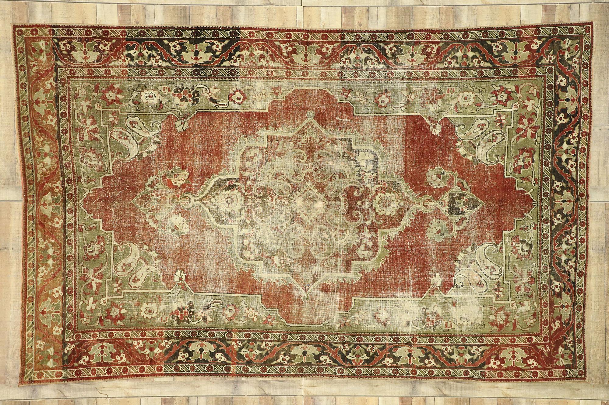 Distressed Vintage Turkish Oushak Rug with Rustic English Manor Style For Sale 2