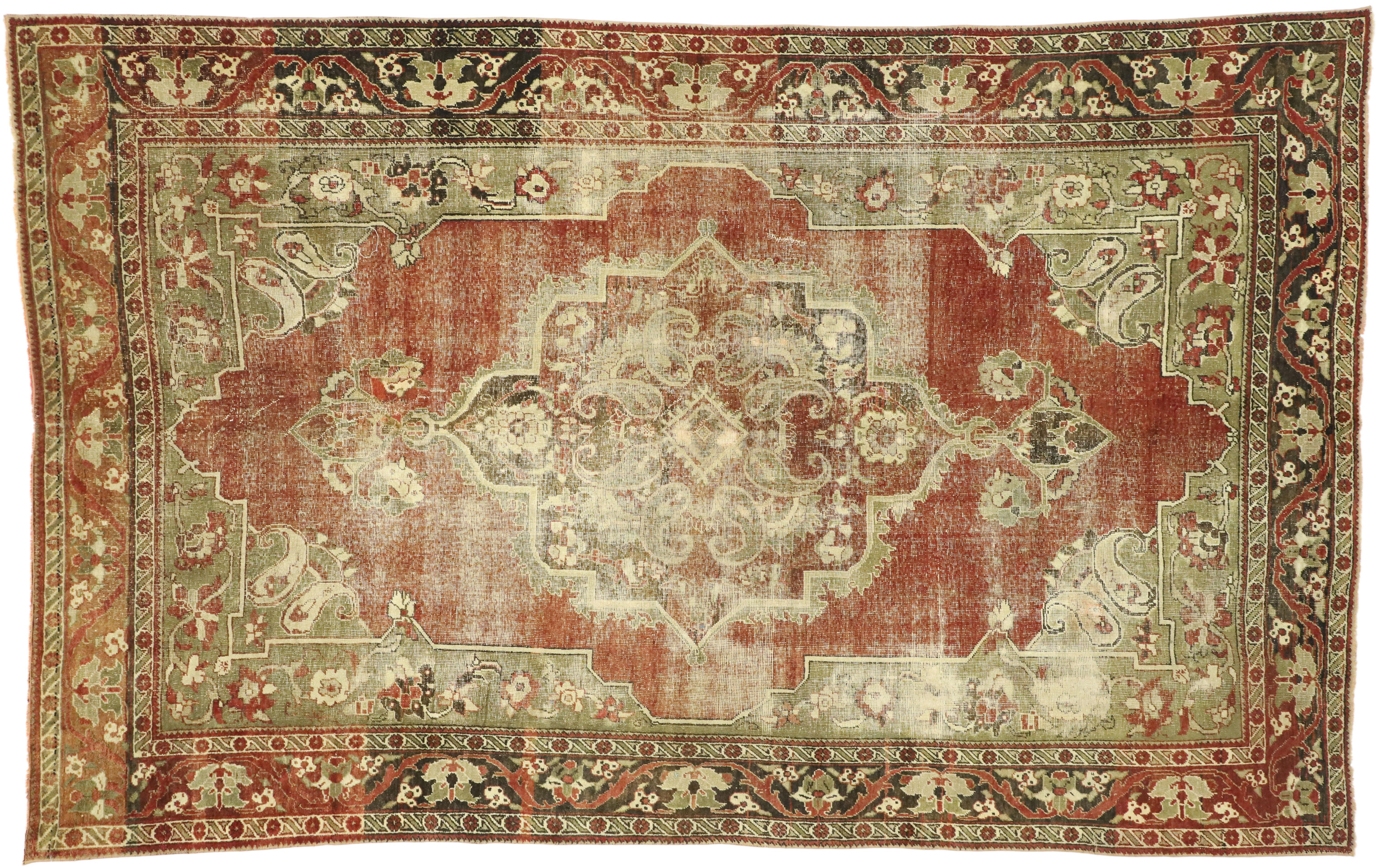 Distressed Vintage Turkish Oushak Rug with Rustic English Manor Style For Sale 3