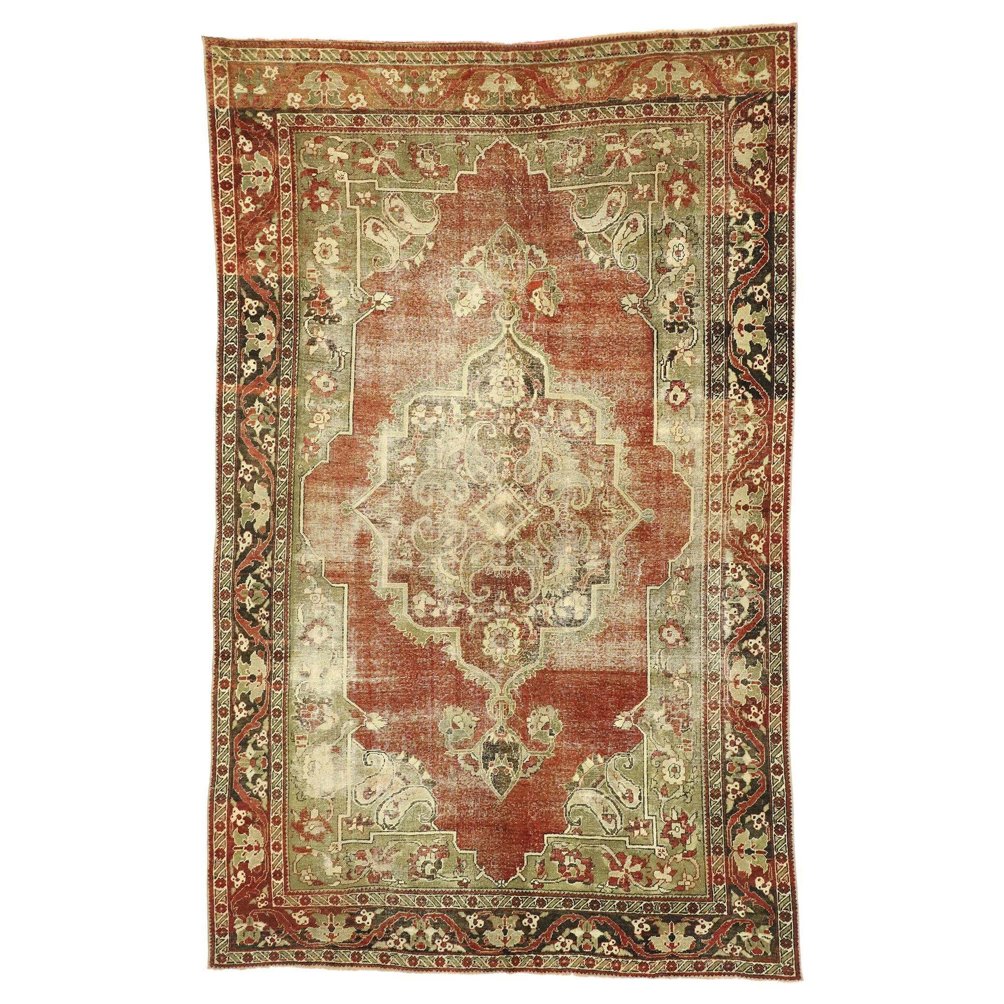 Distressed Vintage Turkish Oushak Rug with Rustic English Manor Style