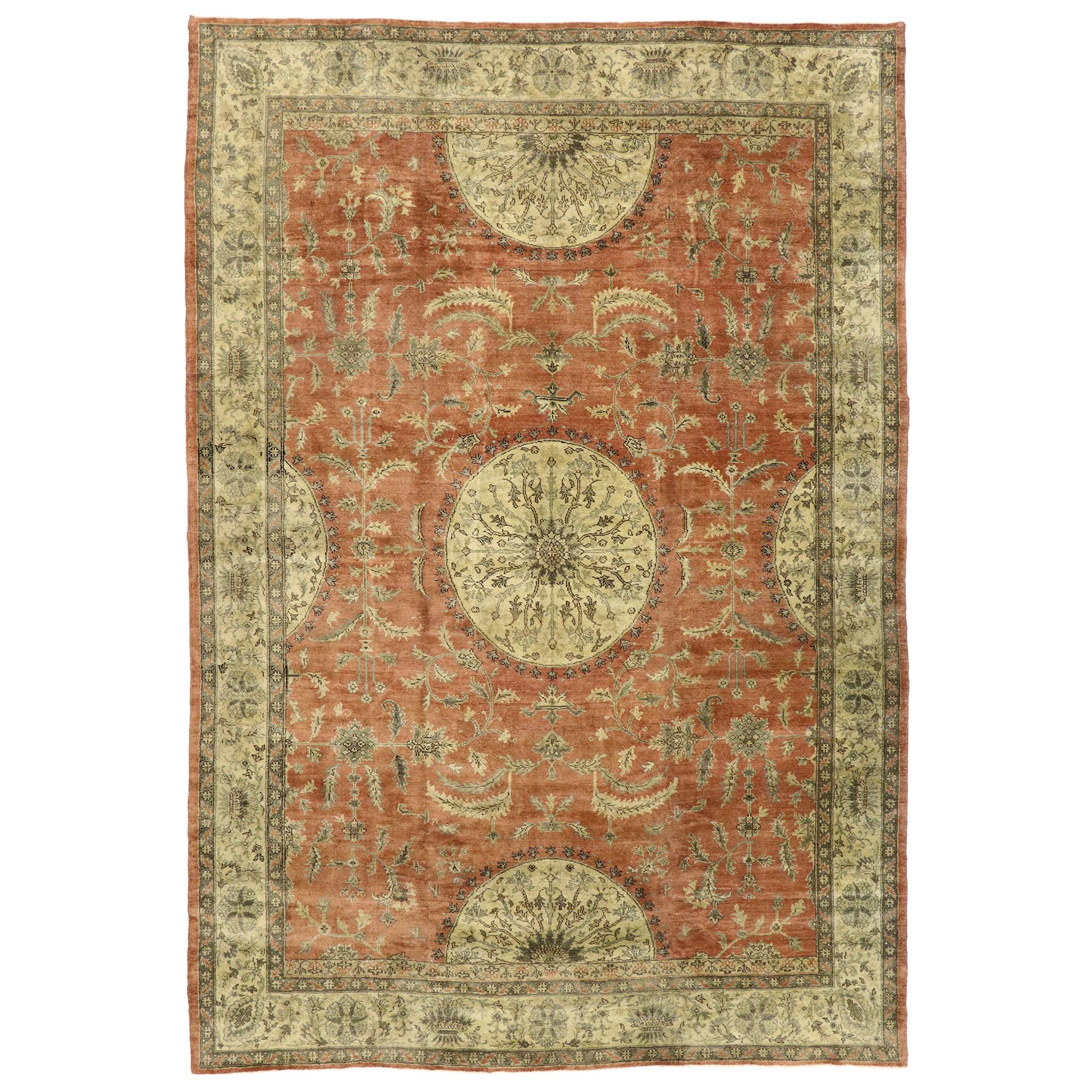 Distressed Vintage Turkish Oushak Rug with Rustic English Manor Style