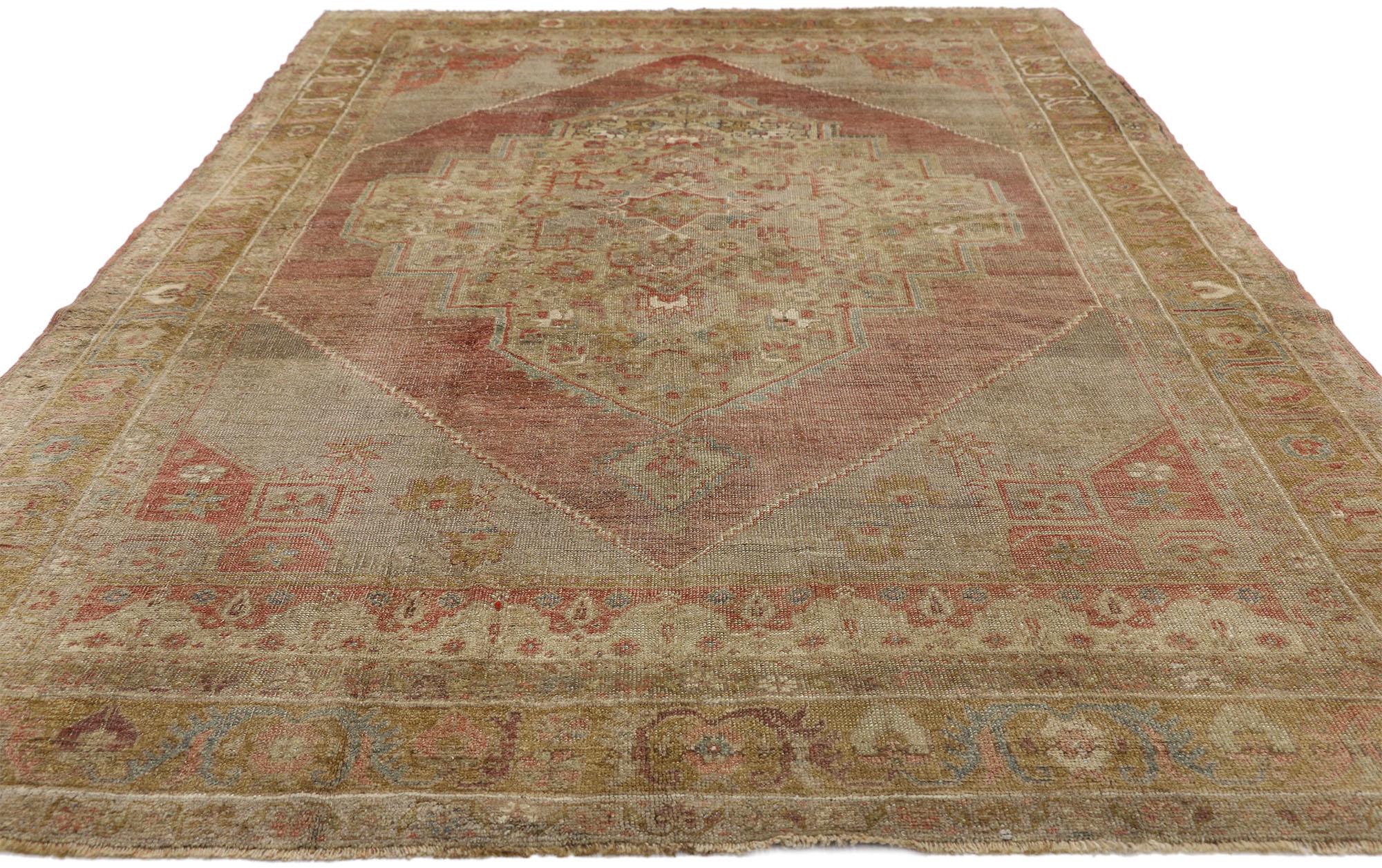 52443, distressed vintage Turkish Oushak rug with Rustic Jacobean style. Soft and sumptuous, this hand knotted wool vintage Turkish Oushak rug with Jacobean style brings regal allure and rusticity to any interior it graces. Gentle abrash gradations