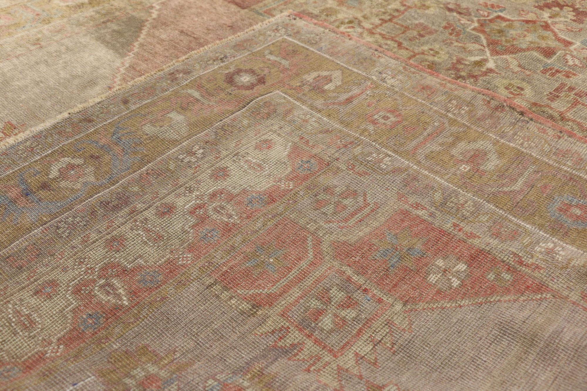 Distressed Vintage Turkish Oushak Rug with Rustic Jacobean Style In Distressed Condition For Sale In Dallas, TX