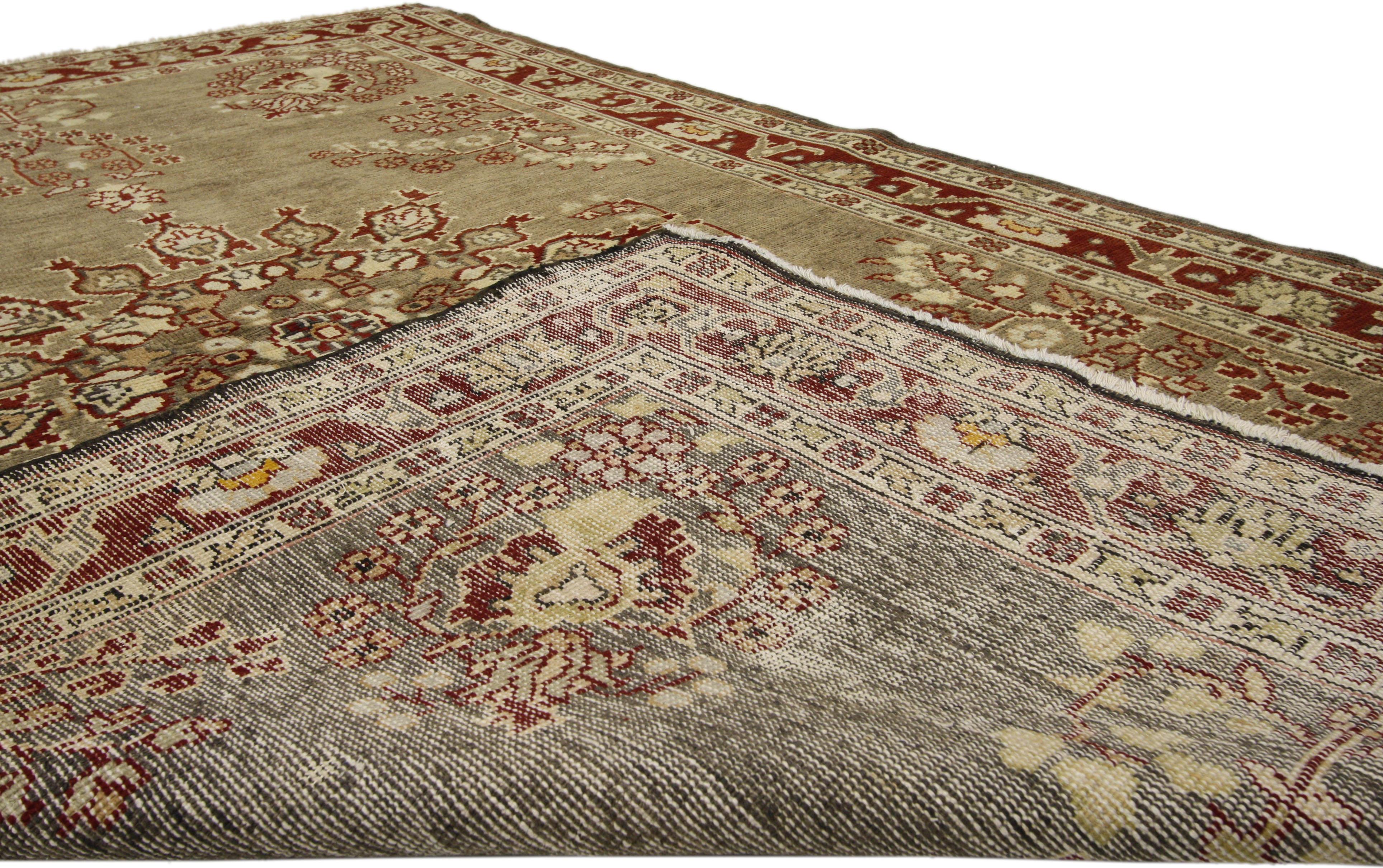 Distressed Vintage Turkish Oushak Rug with Rustic Jacobean Style In Distressed Condition For Sale In Dallas, TX