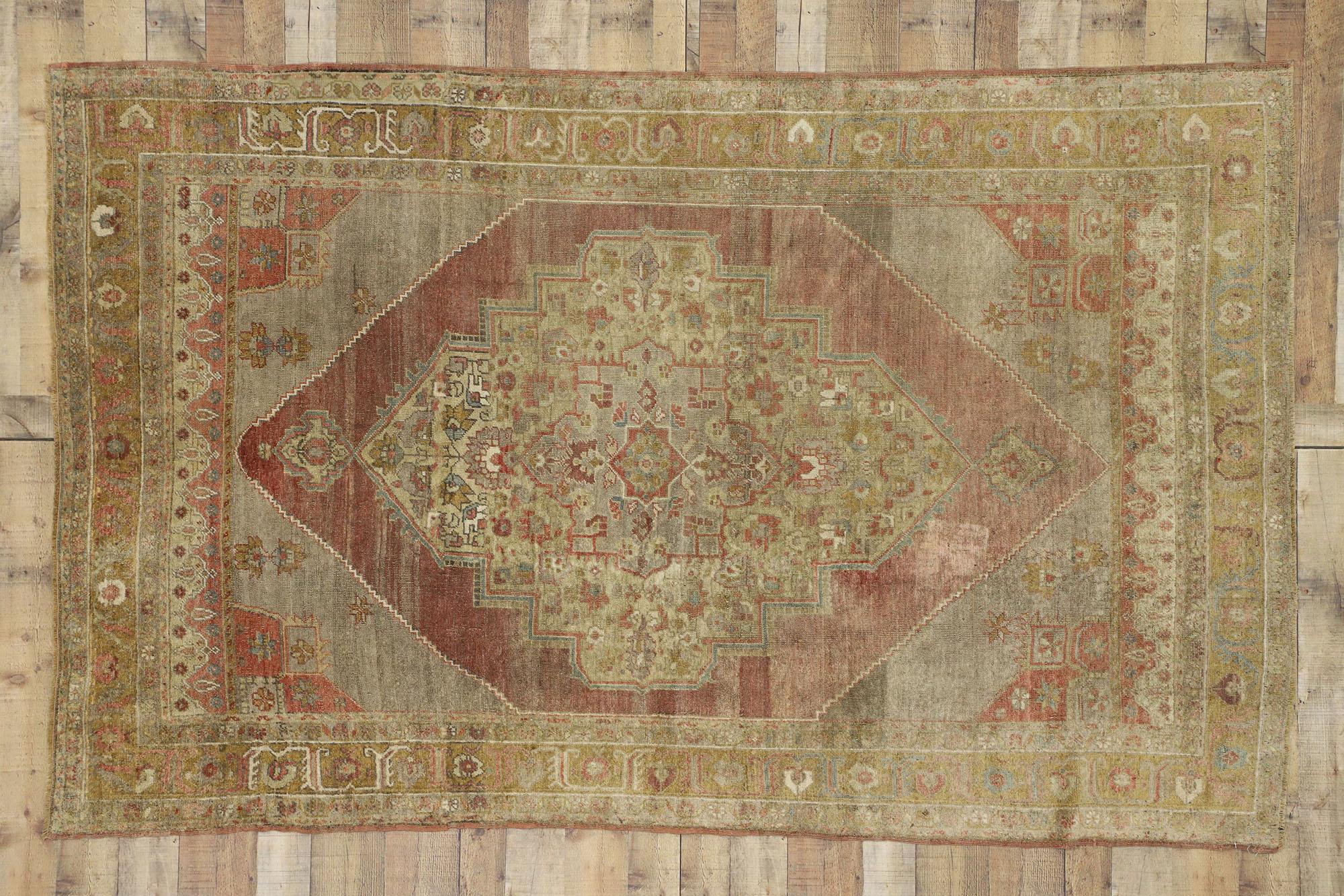 20th Century Distressed Vintage Turkish Oushak Rug with Rustic Jacobean Style For Sale