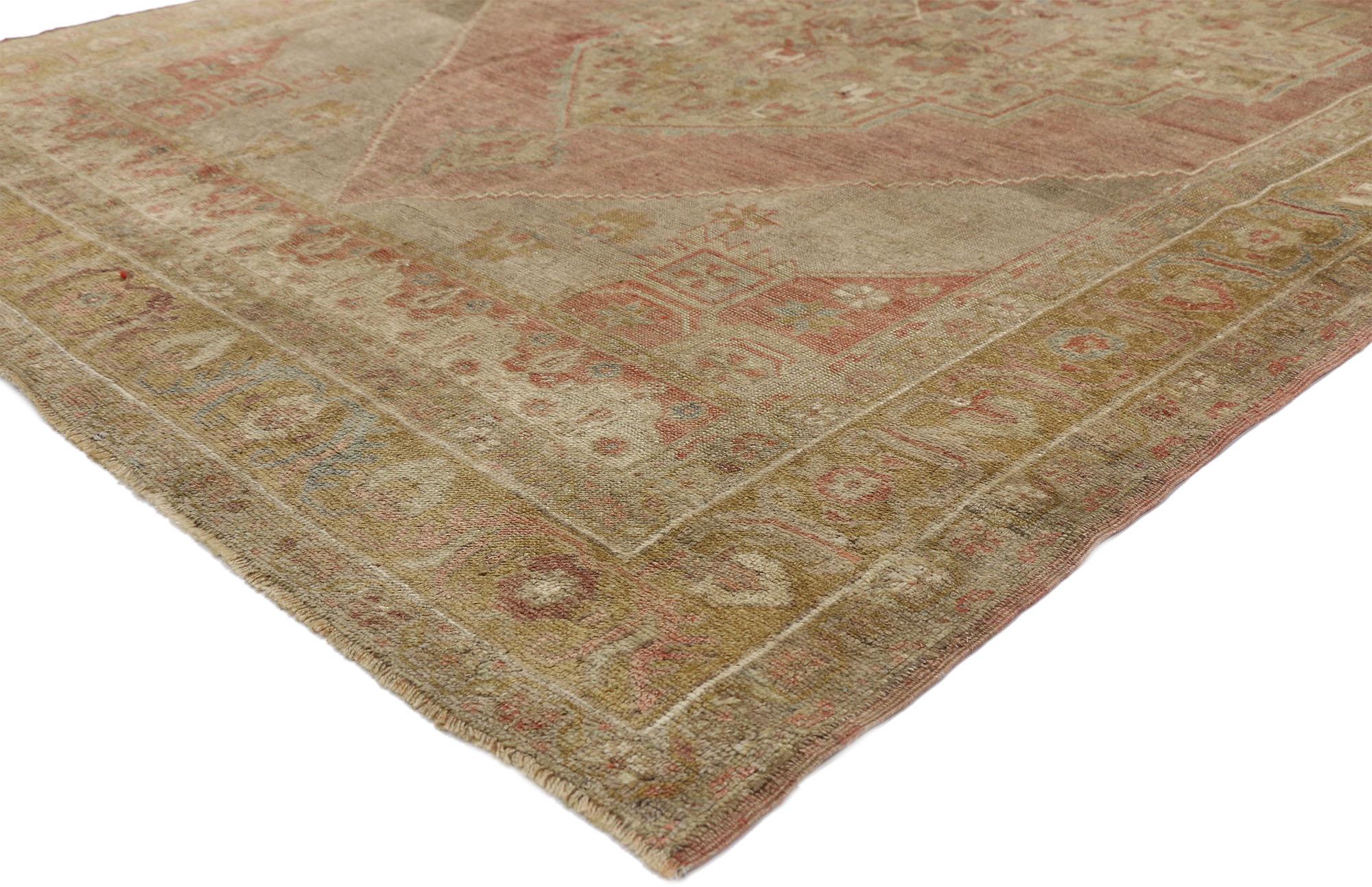 Wool Distressed Vintage Turkish Oushak Rug with Rustic Jacobean Style For Sale