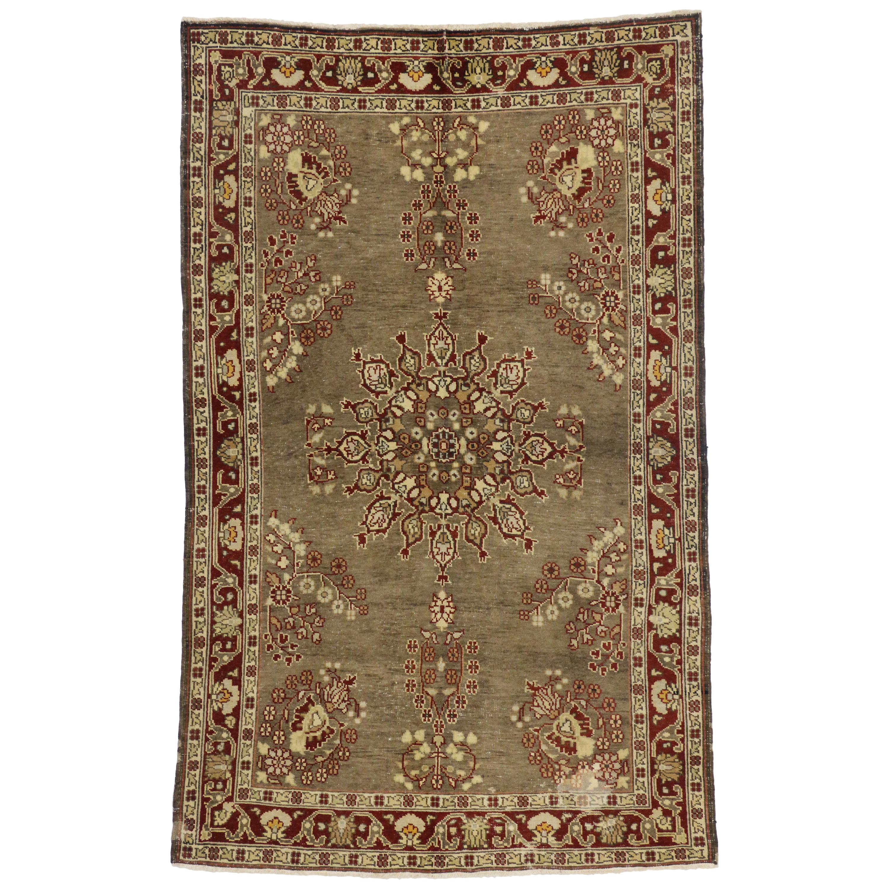 Distressed Vintage Turkish Oushak Rug with Rustic Jacobean Style For Sale