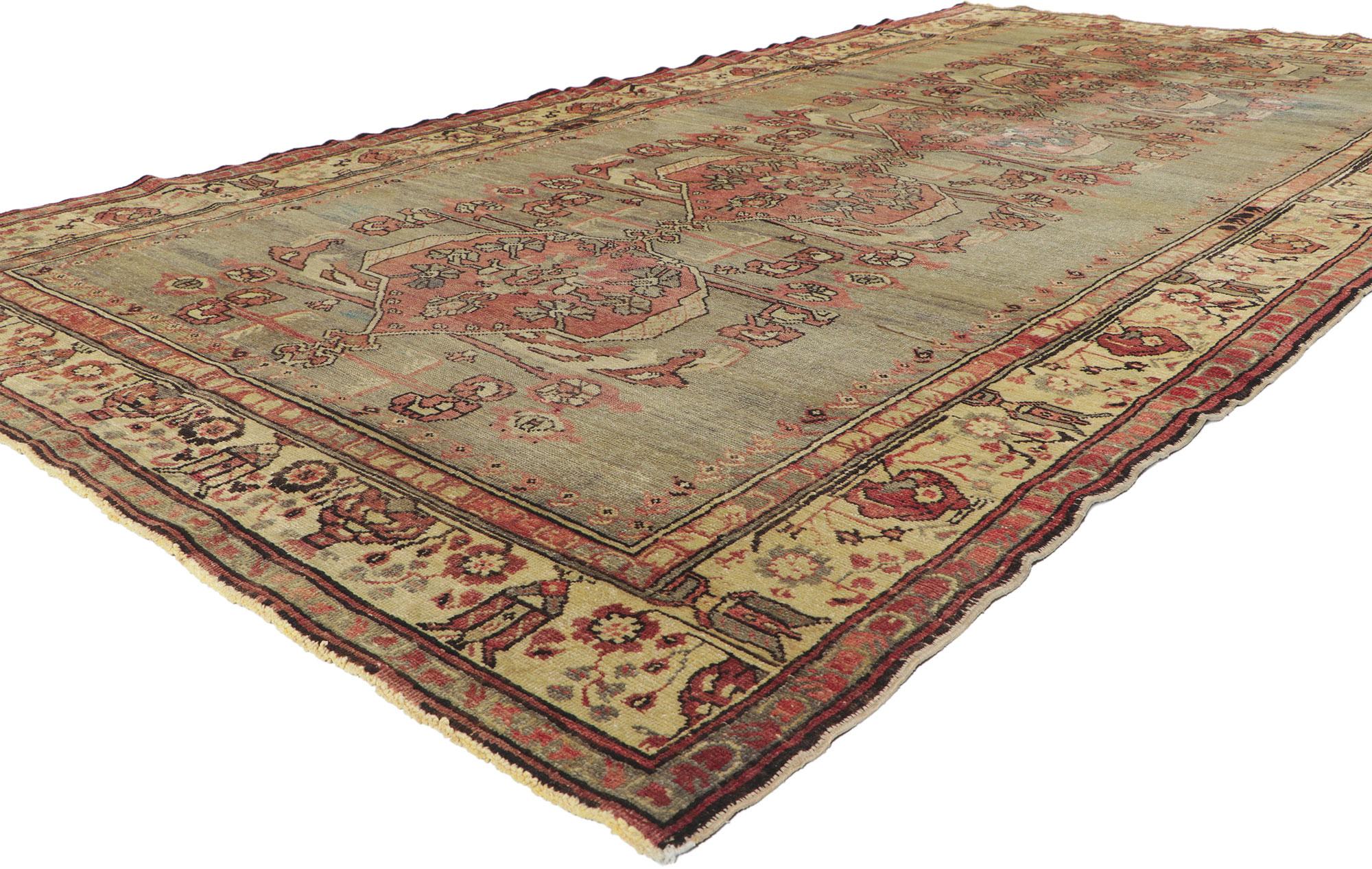 50216 Distressed Vintage Turkish Oushak Rug with Rustic Modern Industrial Style 05'10 X 10'10.  The architectural elements of naturalistic forms combined with Rustic Modern Industrial style, this hand knotted wool vintage Turkish Oushak rug astounds