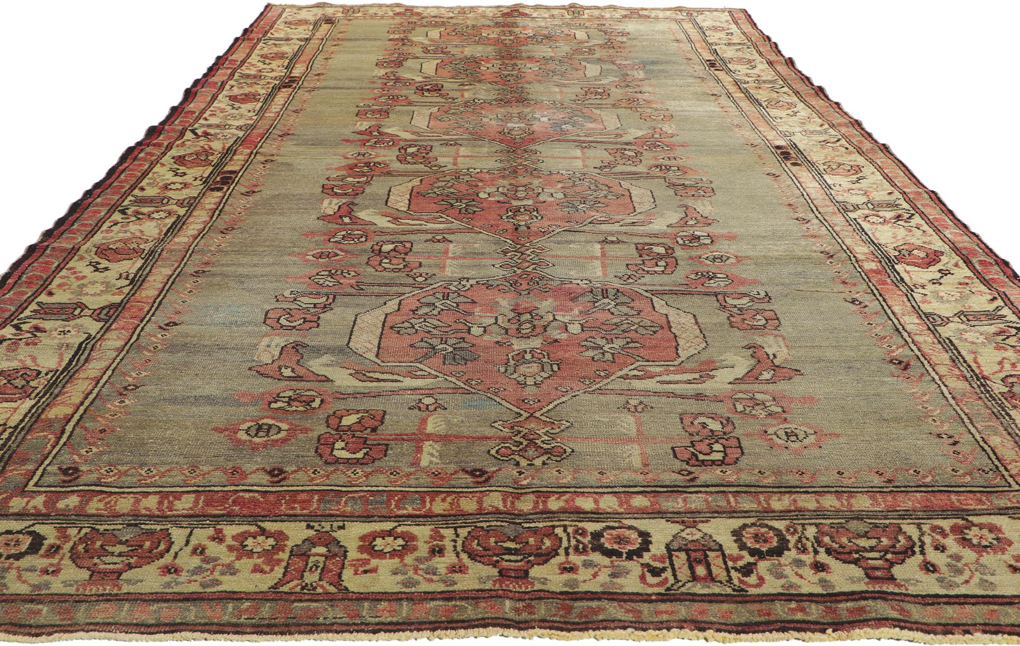 Hand-Knotted Distressed Vintage Turkish Oushak Rug with Rustic Modern Industrial Style For Sale