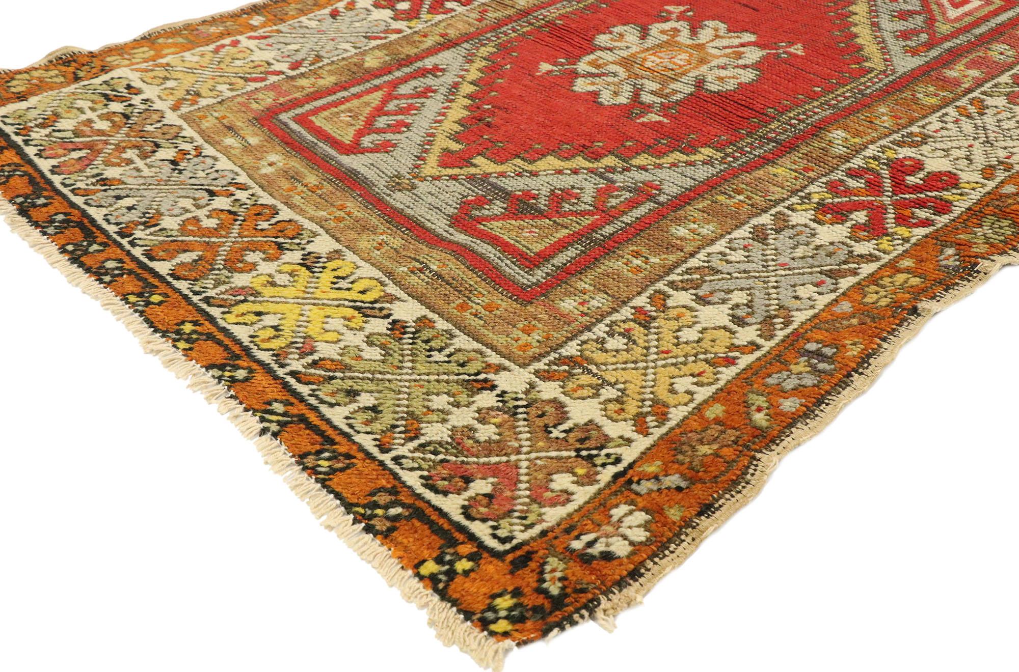 73622 distressed vintage Turkish Oushak rug with Rustic Northwestern style, colorful rug for kitchen, bath, foyer or entryway. This hand knotted wool distressed vintage Turkish Oushak rug features a modern rustic northwestern style. Immersed in