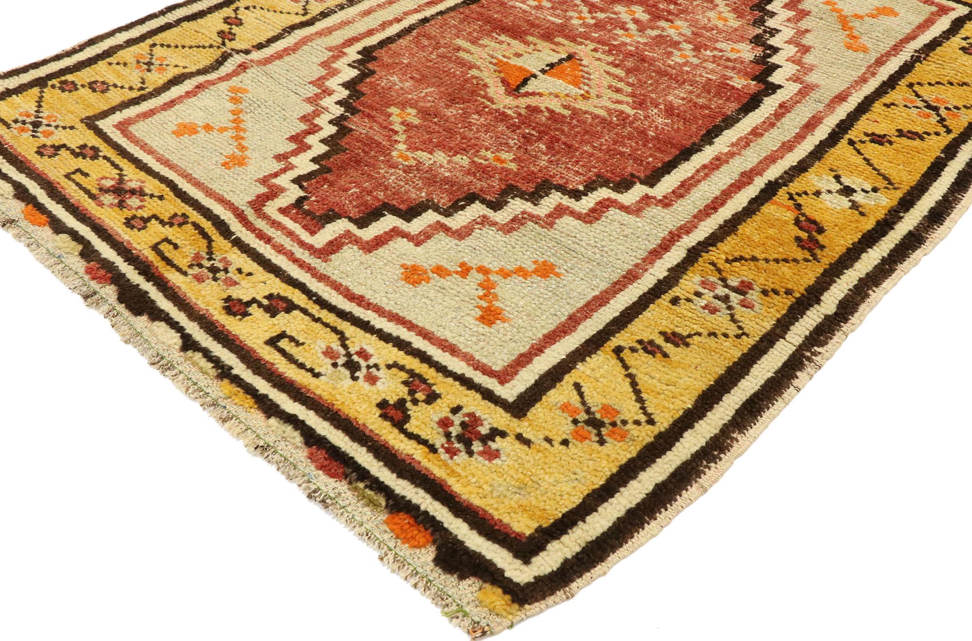 53045 distressed vintage Turkish Oushak rug with rustic Pacific Northwest style. Down-to-earth vibes and rustic sensibility meet Pacific Northwest style in this hand knotted wool distressed vintage Turkish Oushak rug. The stepped cut-out field