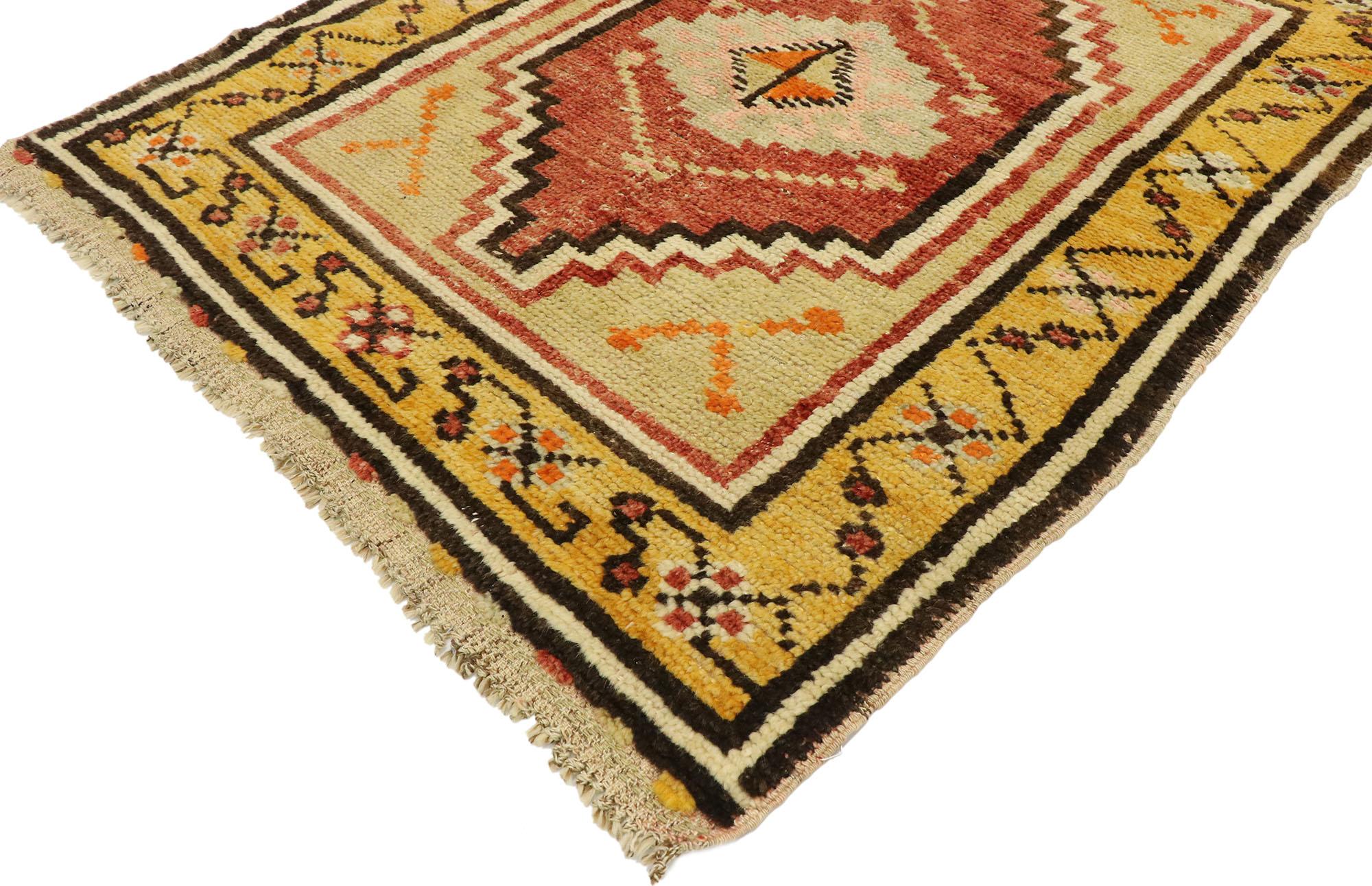 53040, distressed vintage Turkish Oushak rug with Rustic Pacific Northwest style. Down-to-earth vibes and rustic sensibility meet Pacific Northwest style in this hand knotted wool distressed vintage Turkish Oushak rug. The stepped cut-out field