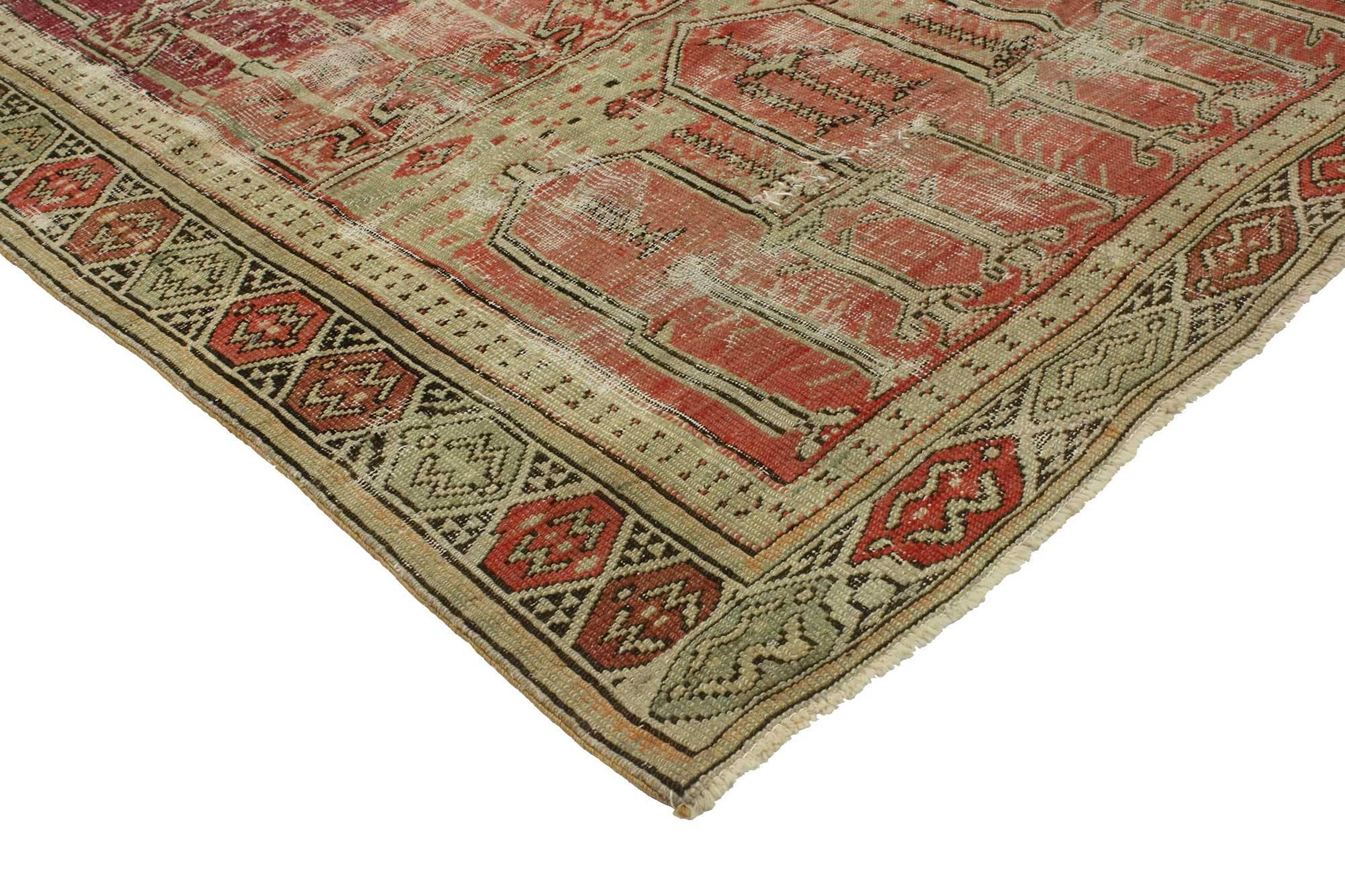 Hand-Knotted Distressed Vintage Turkish Oushak Rug with Rustic Style For Sale