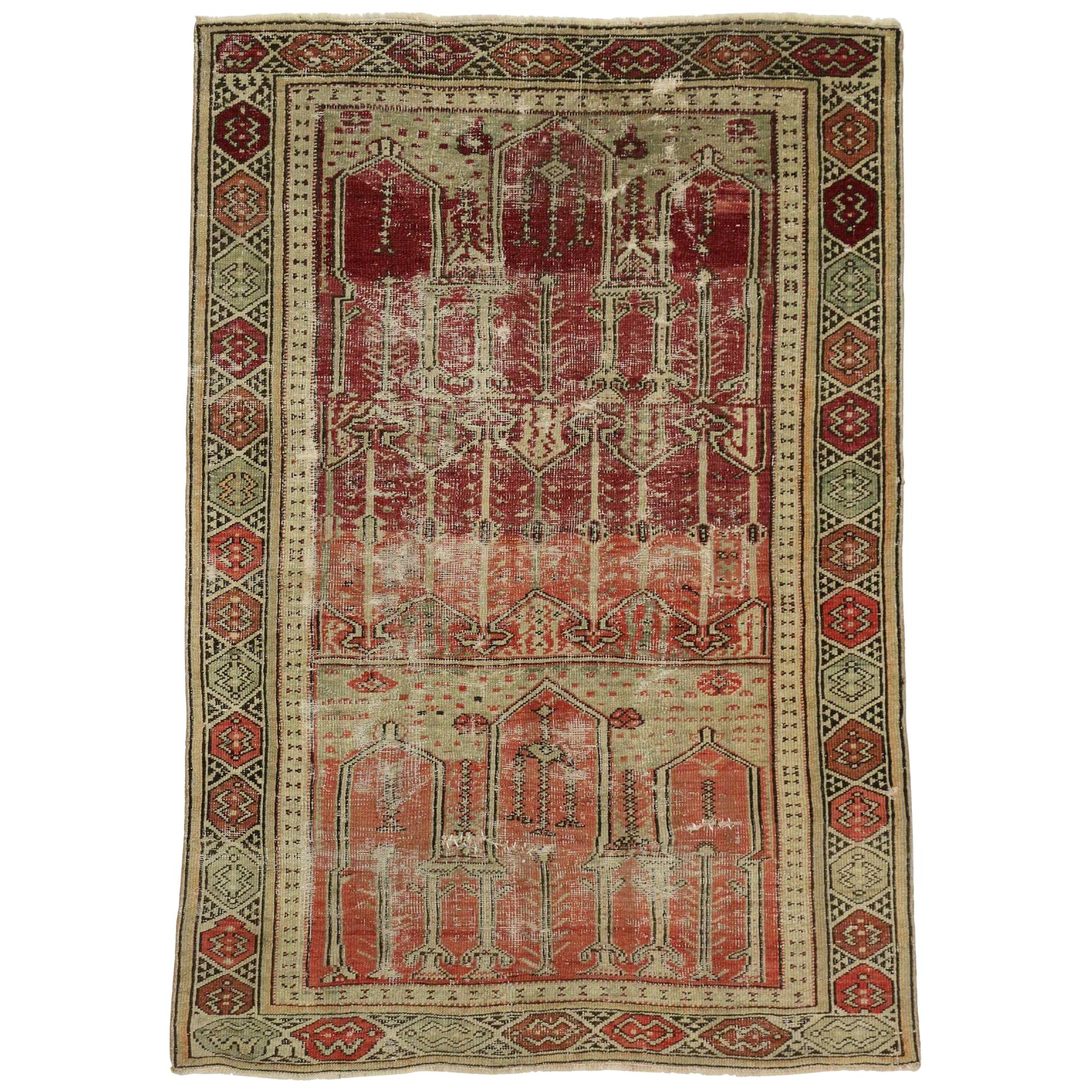 Distressed Vintage Turkish Oushak Rug with Rustic Style For Sale