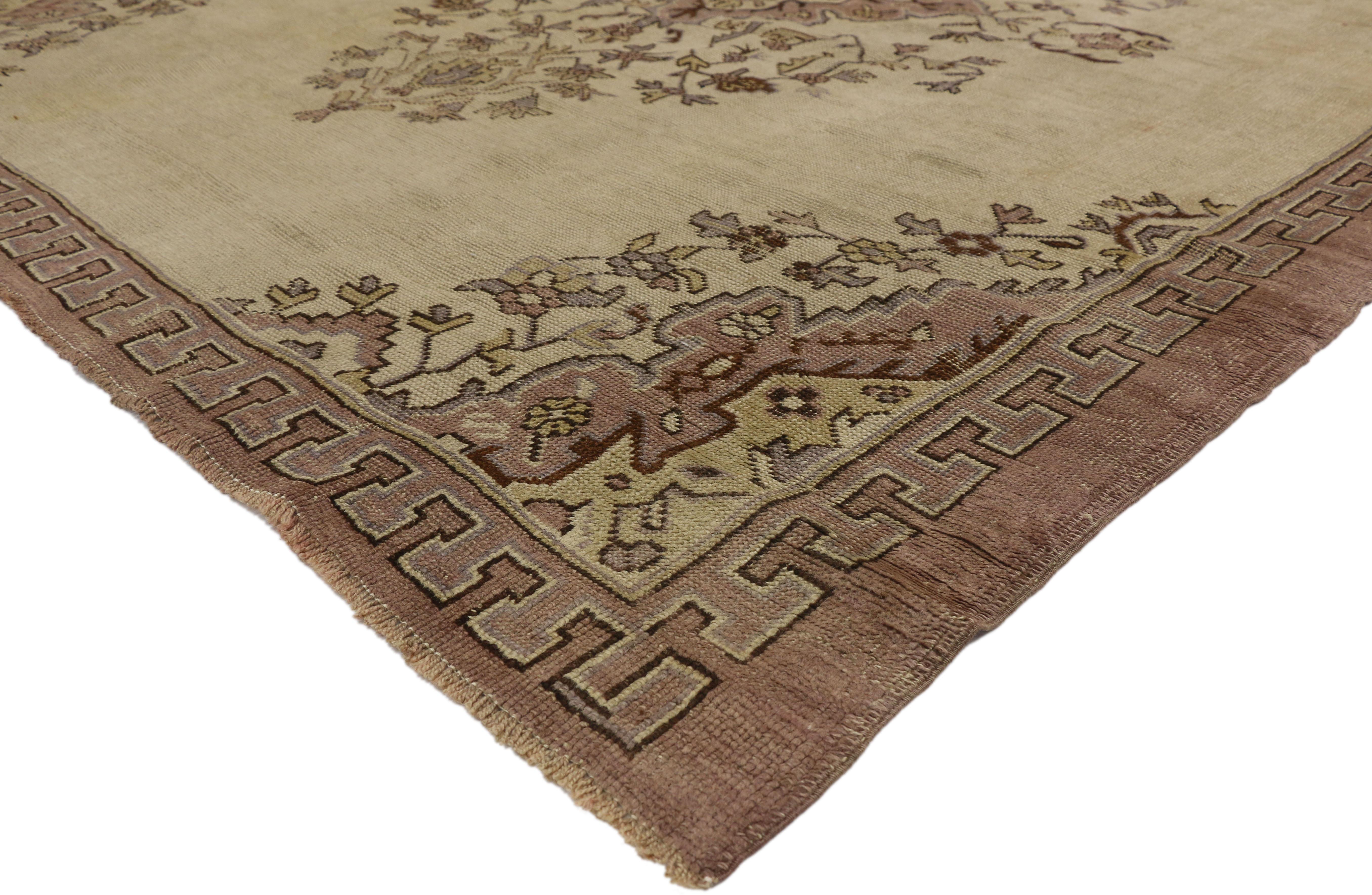 51452 Distressed Vintage Turkish Oushak Rug with Shabby Chic Rococo Style 08'03 x 10'02. With an elaborate design, weathered composition, and pastel colors, this hand knotted wool distressed vintage Turkish Oushak rug beautifully embodies Shabby