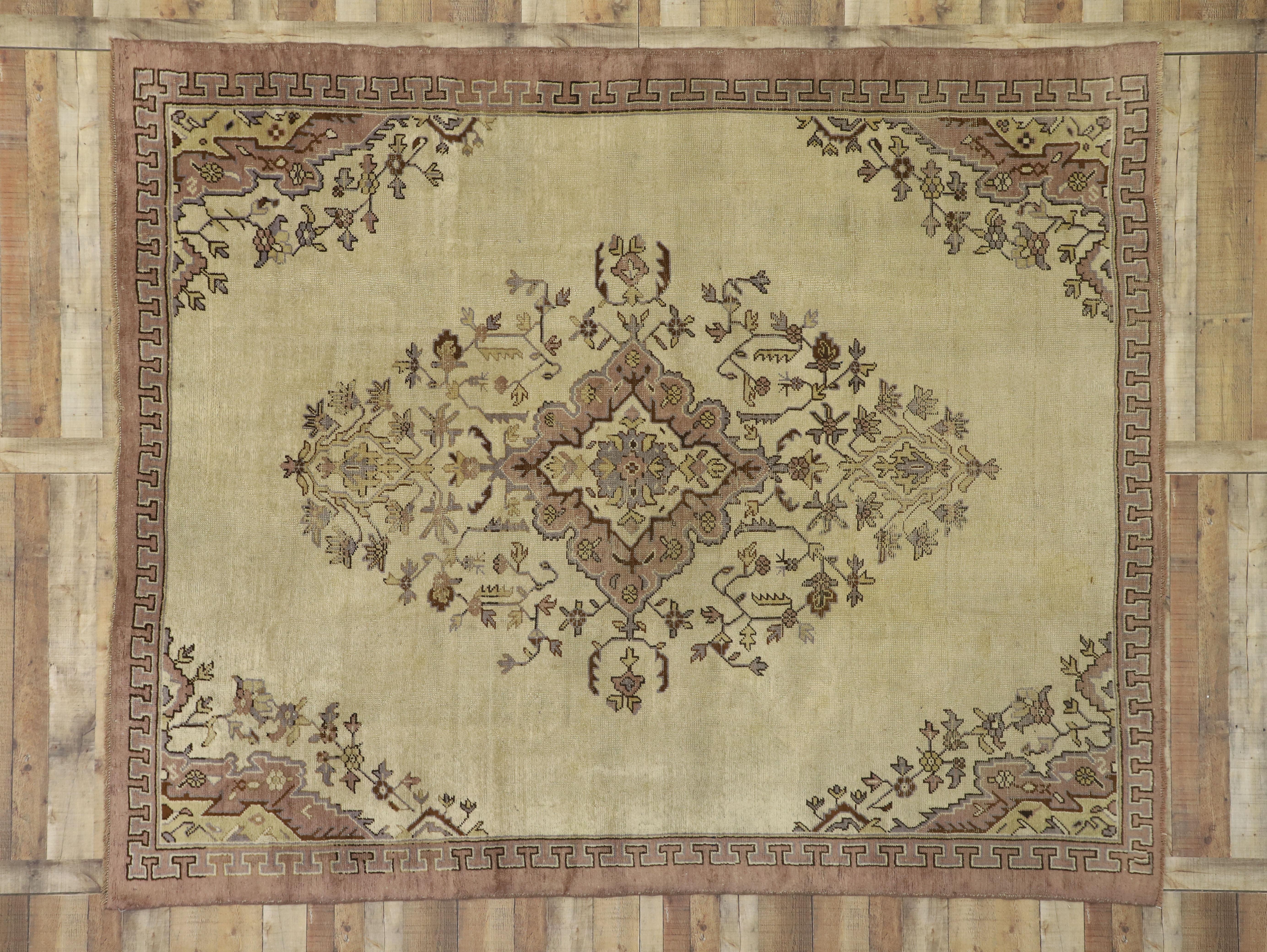 Distressed Vintage Turkish Oushak Rug with Shabby Chic Rococo Style For Sale 1