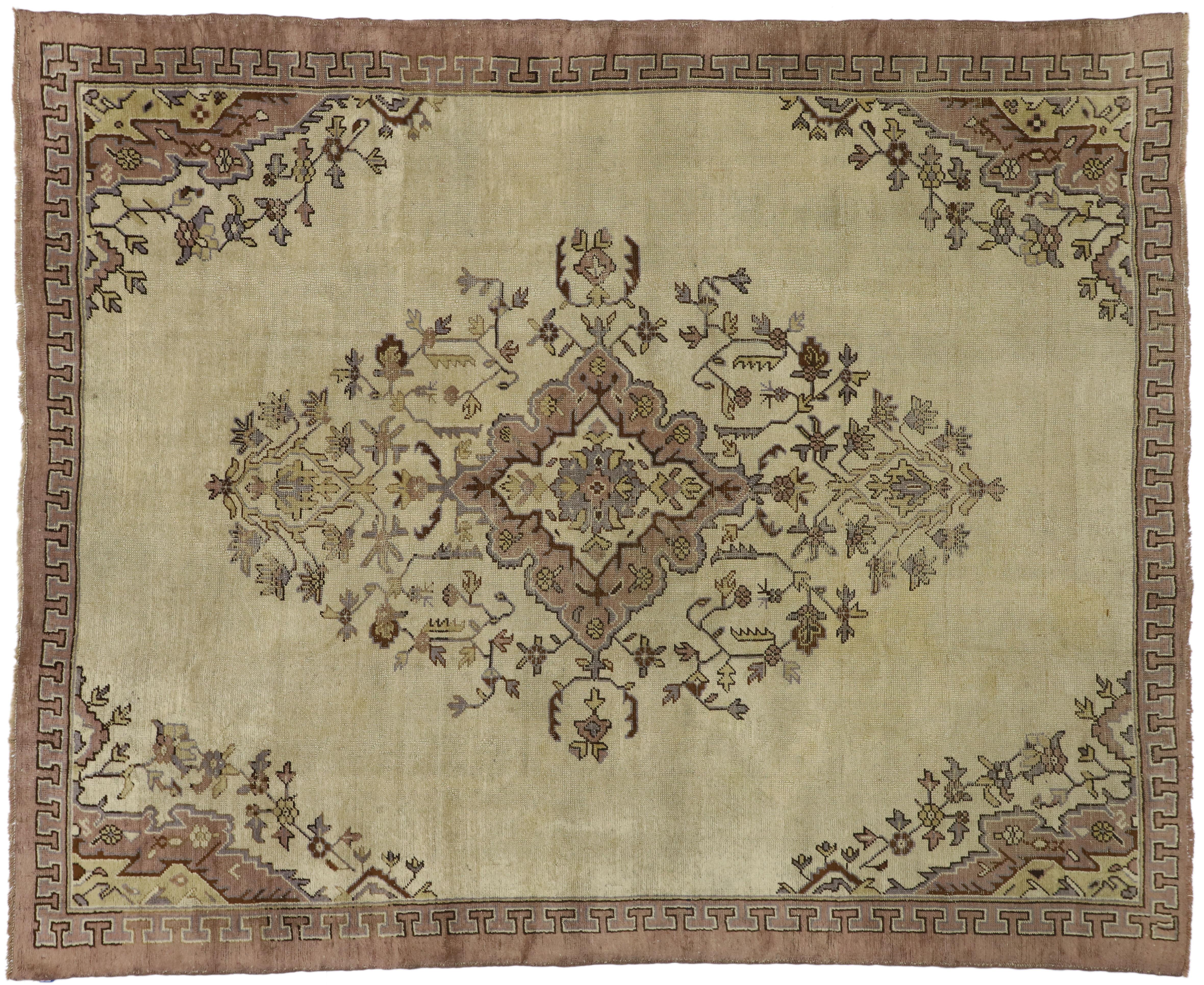 Distressed Vintage Turkish Oushak Rug with Shabby Chic Rococo Style For Sale 2