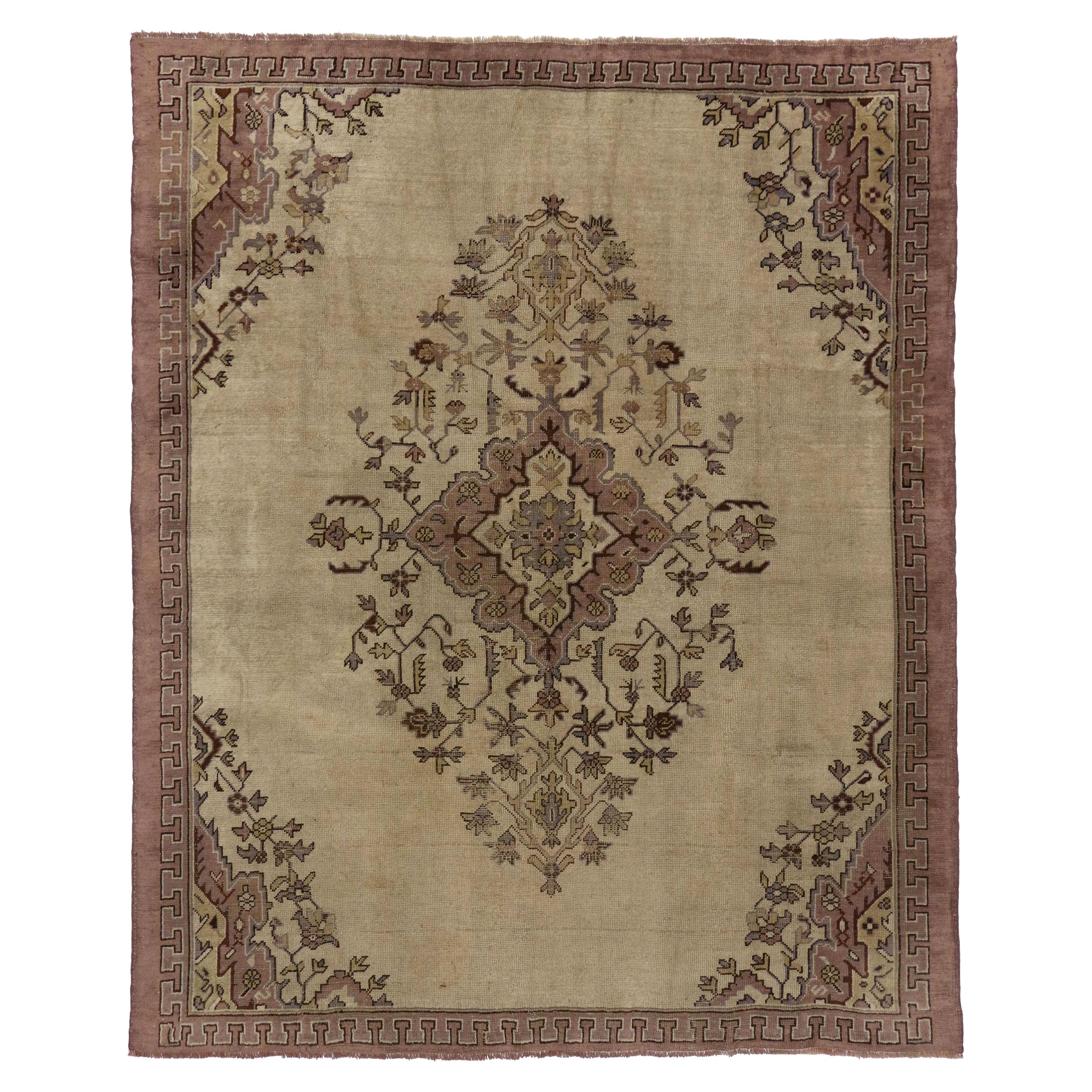 Distressed Vintage Turkish Oushak Rug with Shabby Chic Rococo Style For Sale