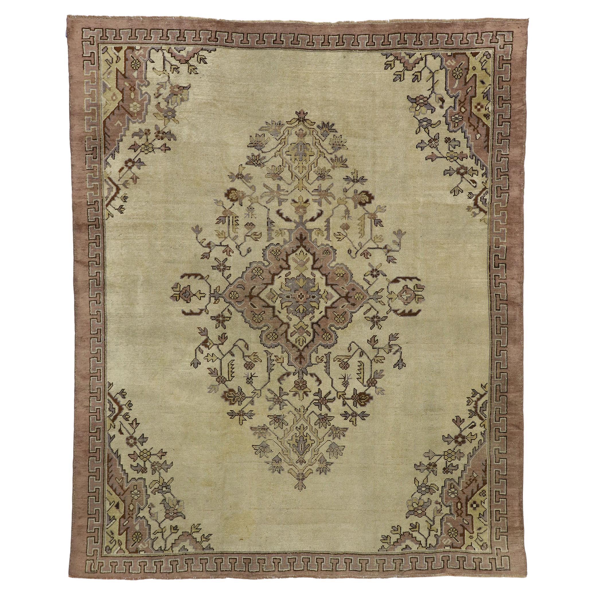 Distressed Vintage Turkish Oushak Rug with Traditional Style For Sale
