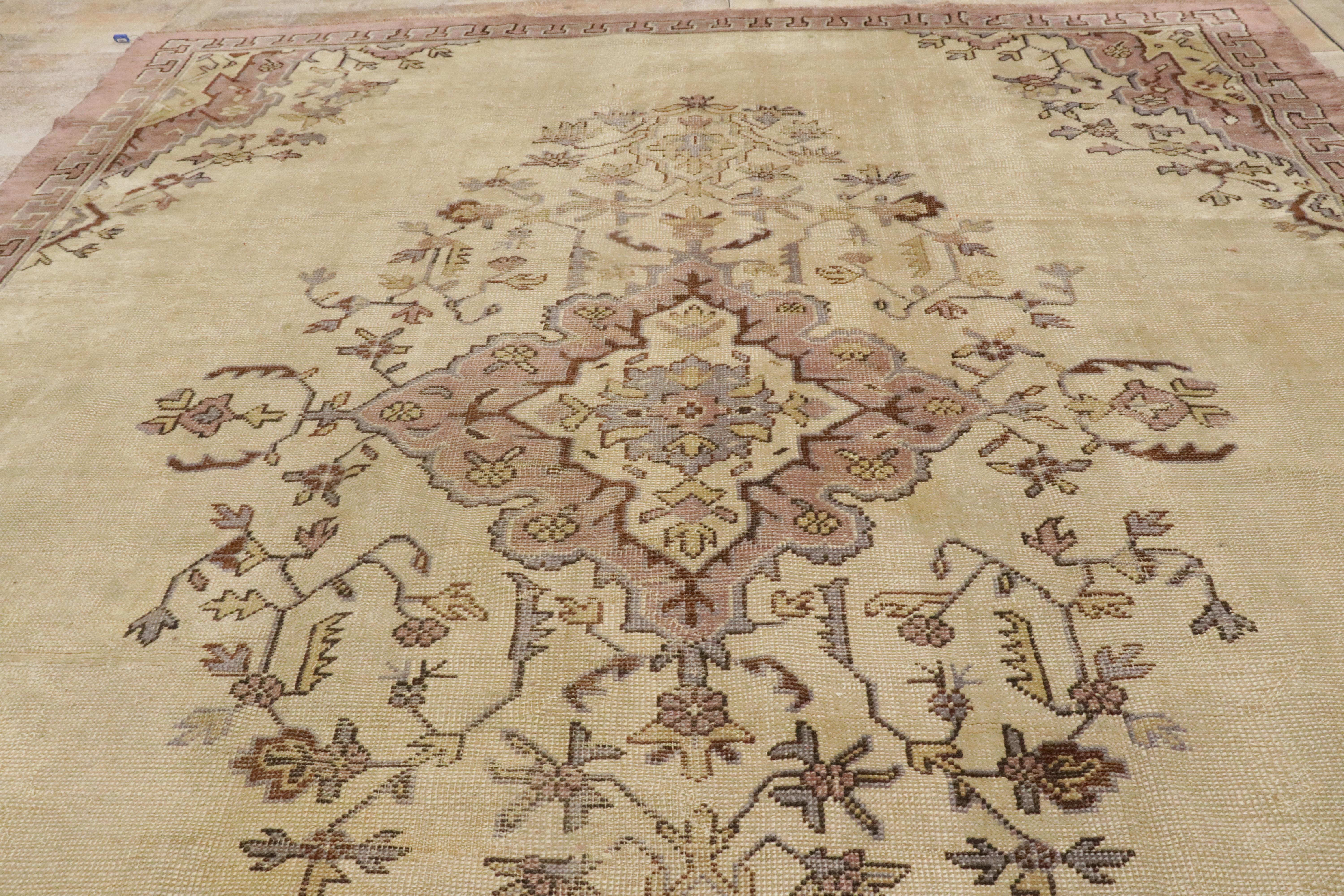 Distressed Vintage Turkish Oushak Rug with Traditional Style For Sale 2