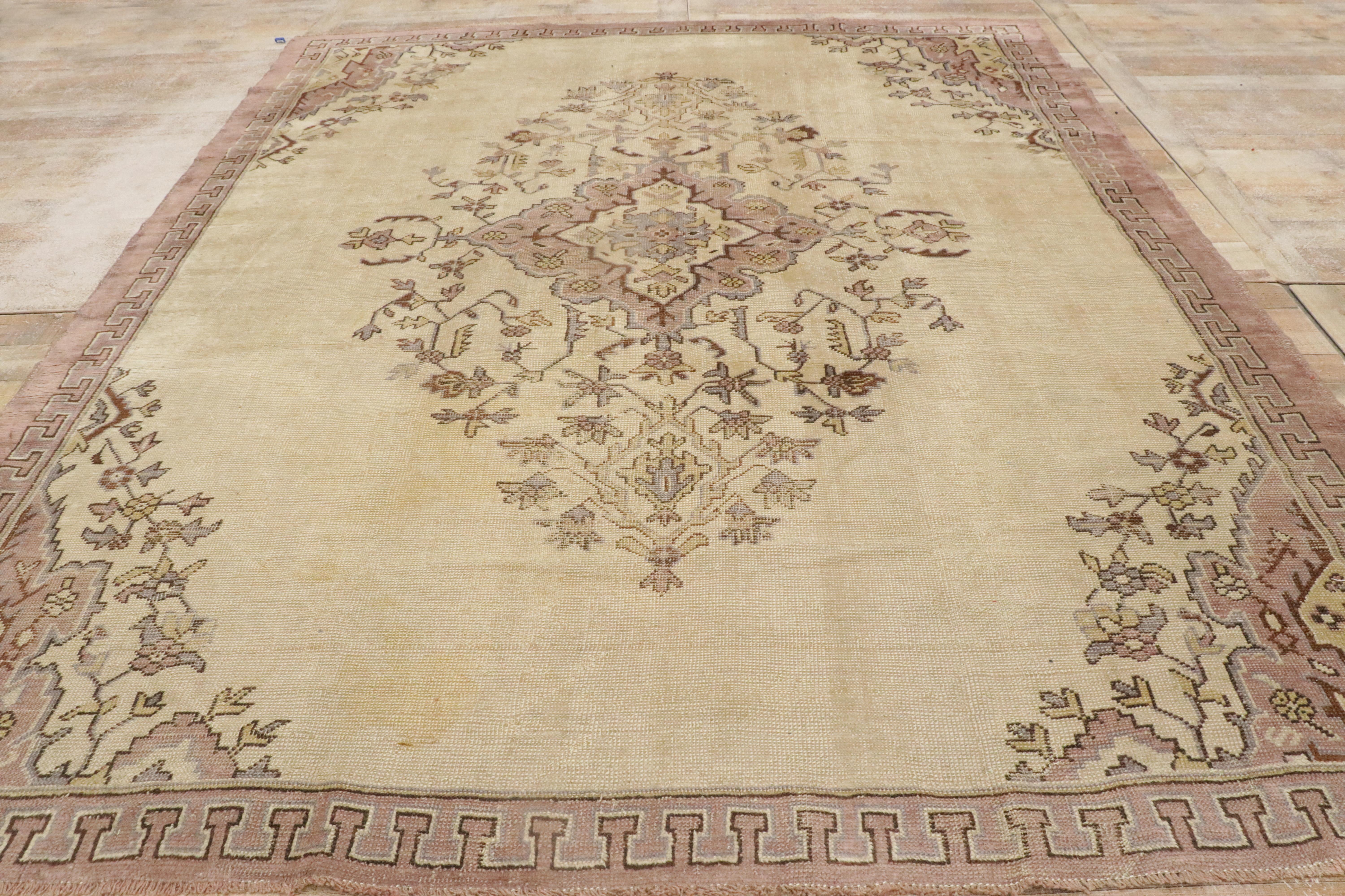 Distressed Vintage Turkish Oushak Rug with Traditional Style For Sale 6